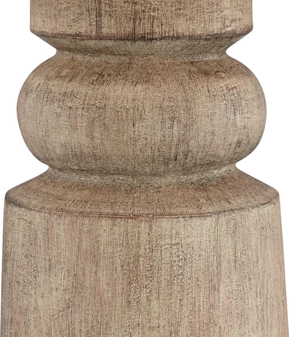 Totem Natural Wood Table Lamp - Sculpted Solid Wood Accent Lamp | Rustic Oatmeal Drum Shade Desk Light