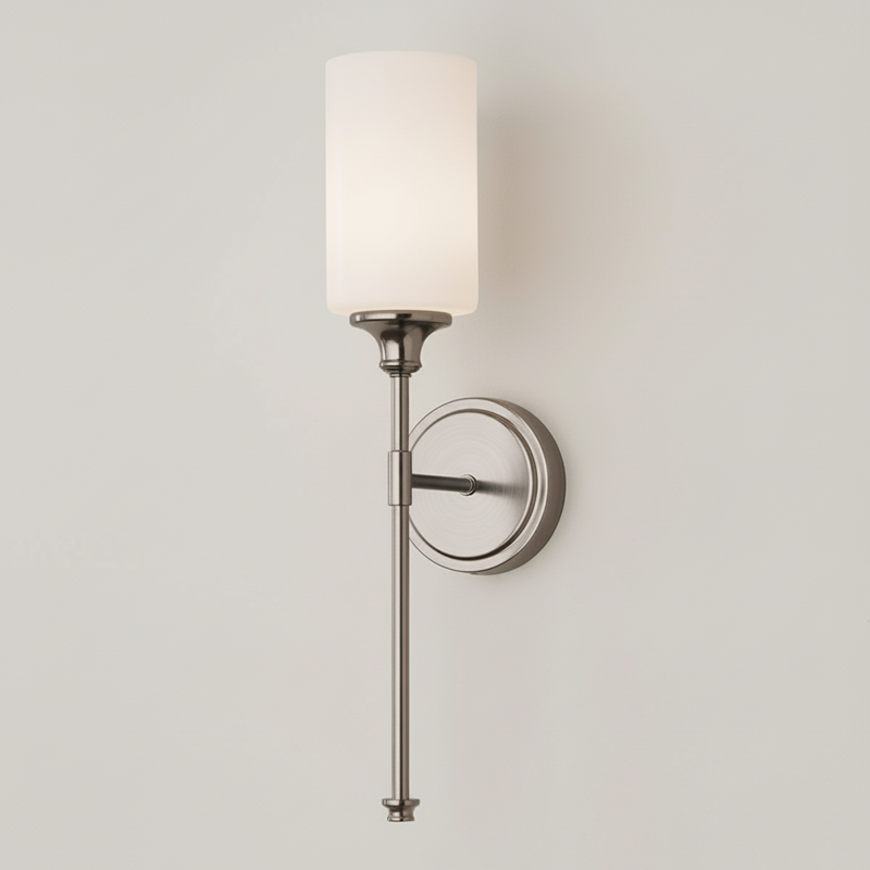 Tracie Wall Lamp - Transitional Glass Cylinder Wall Sconce | Damp-Rated Brass Vanity Light