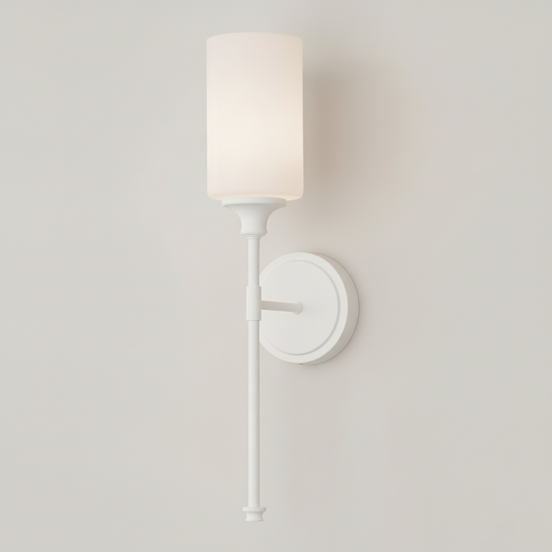 Tracie Wall Lamp - Transitional Glass Cylinder Wall Sconce | Damp-Rated Brass Vanity Light
