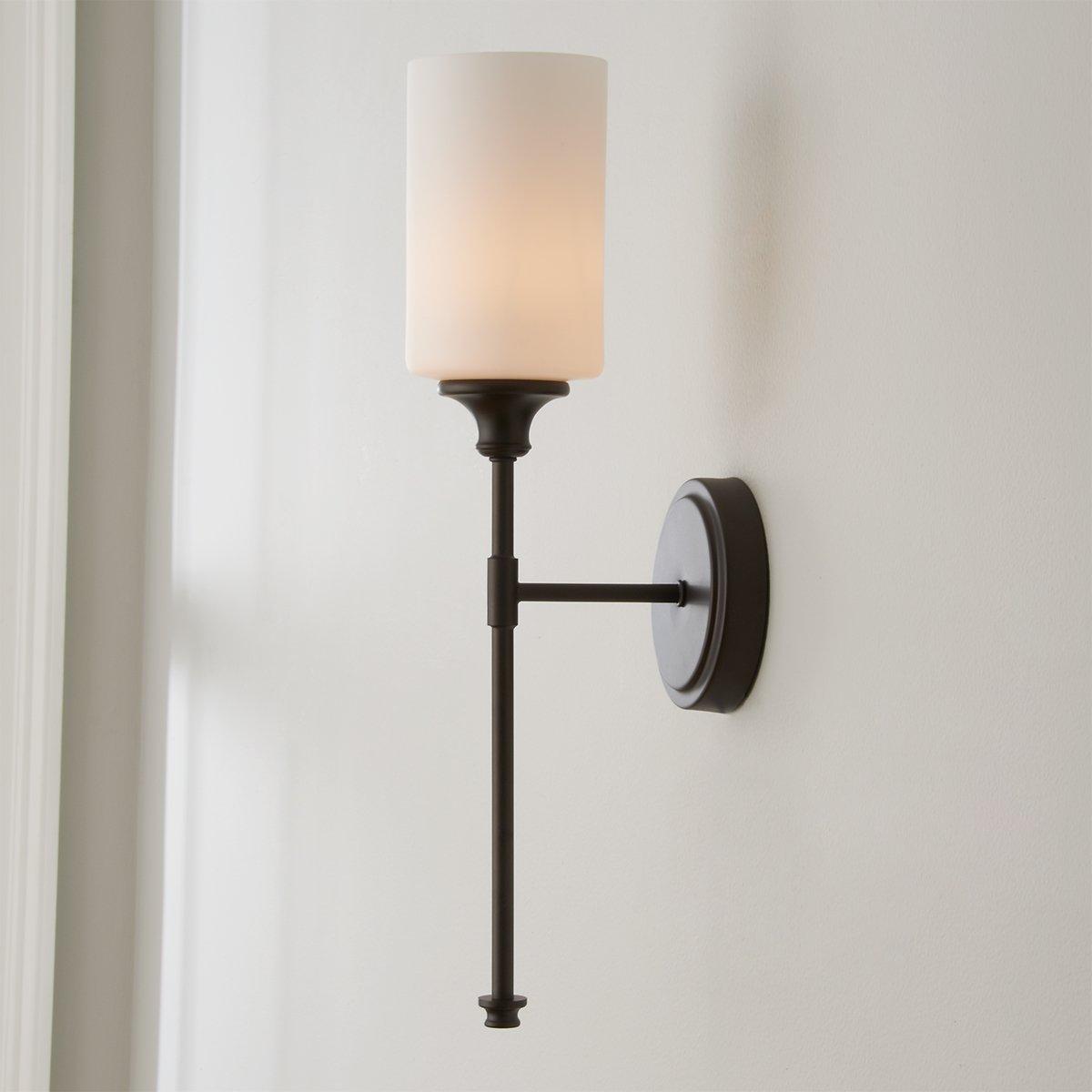 Tracie Wall Lamp - Transitional Glass Cylinder Wall Sconce | Damp-Rated Brass Vanity Light