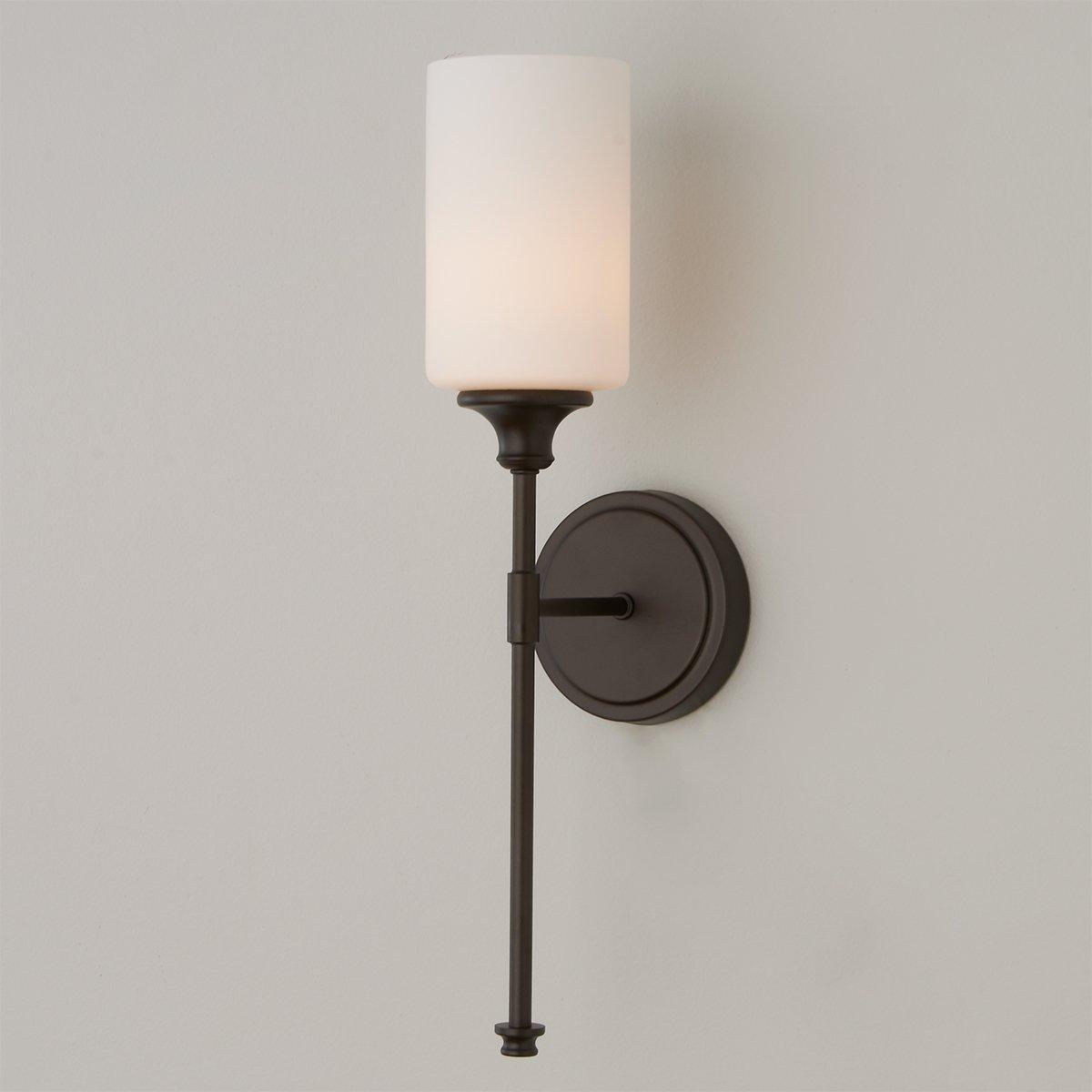 Tracie Wall Lamp - Transitional Glass Cylinder Wall Sconce | Damp-Rated Brass Vanity Light