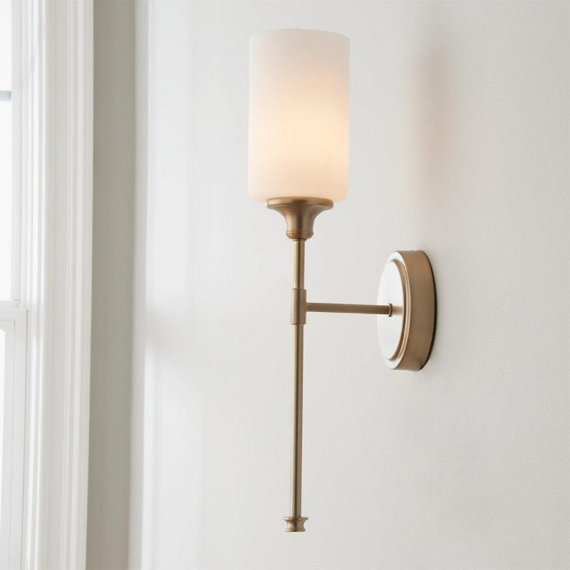 Tracie Wall Lamp - Transitional Glass Cylinder Wall Sconce | Damp-Rated Brass Vanity Light