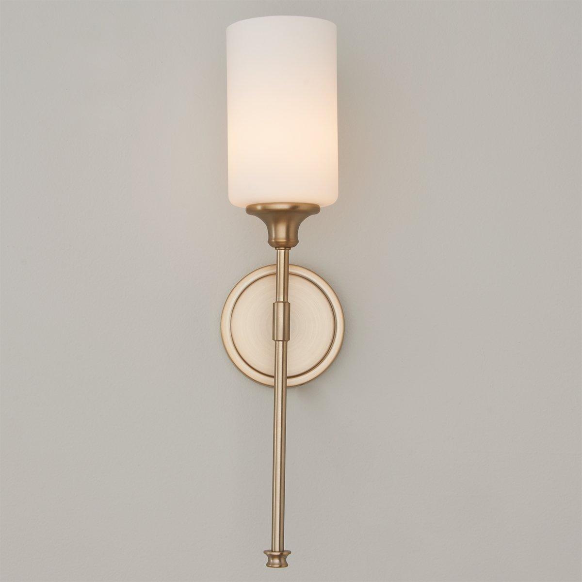 Tracie Wall Lamp - Transitional Glass Cylinder Wall Sconce | Damp-Rated Brass Vanity Light