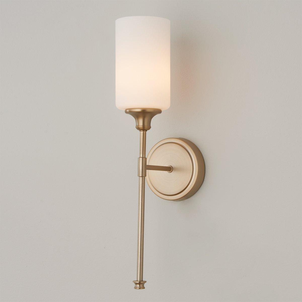 Tracie Wall Lamp - Transitional Glass Cylinder Wall Sconce | Damp-Rated Brass Vanity Light