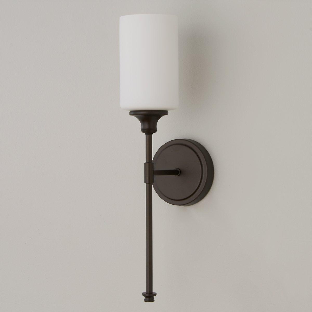 Tracie Wall Lamp - Transitional Glass Cylinder Wall Sconce | Damp-Rated Brass Vanity Light