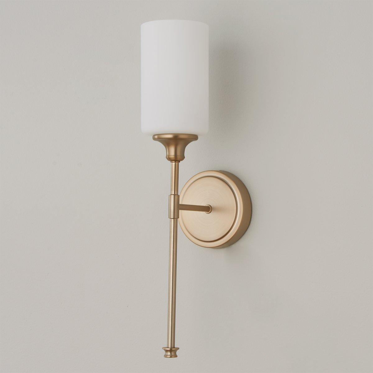Tracie Wall Lamp - Transitional Glass Cylinder Wall Sconce | Damp-Rated Brass Vanity Light