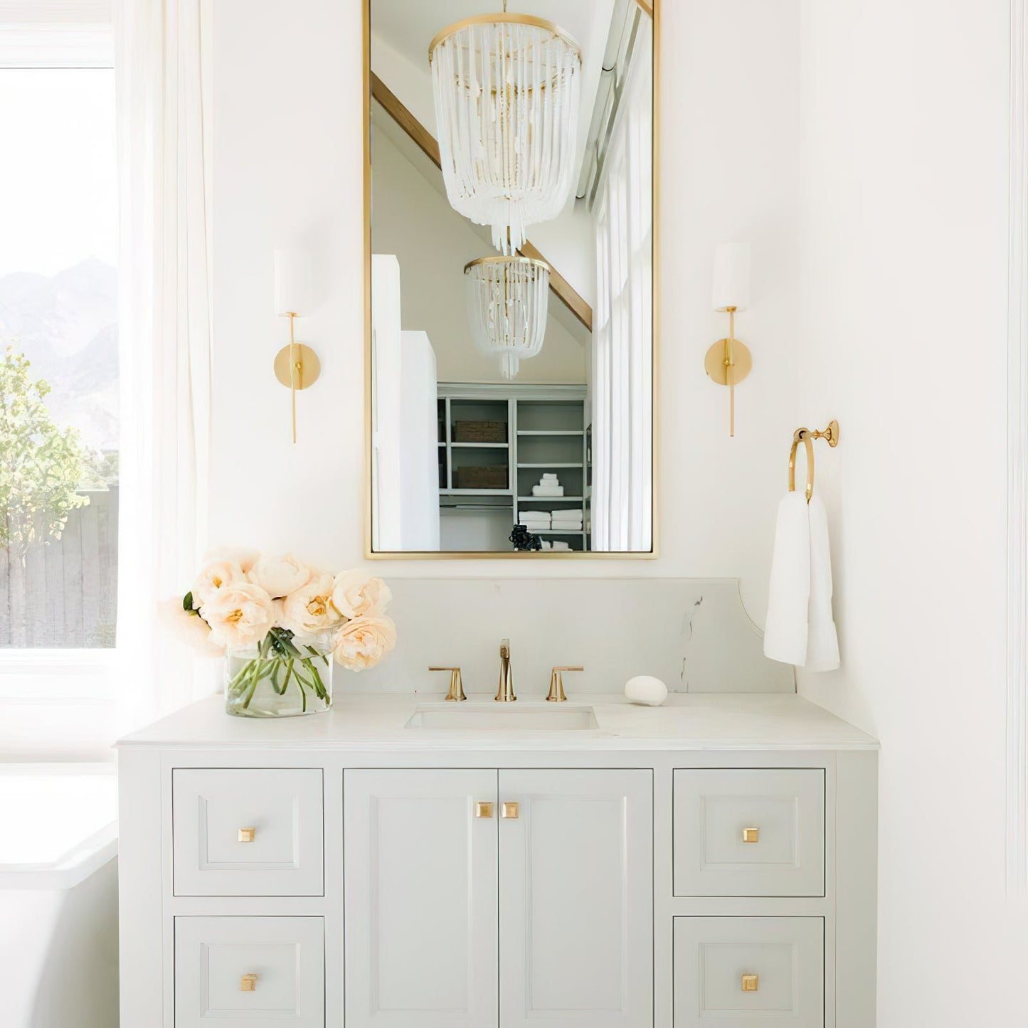 Tracie Wall Lamp - Transitional Glass Cylinder Wall Sconce | Damp-Rated Brass Vanity Light