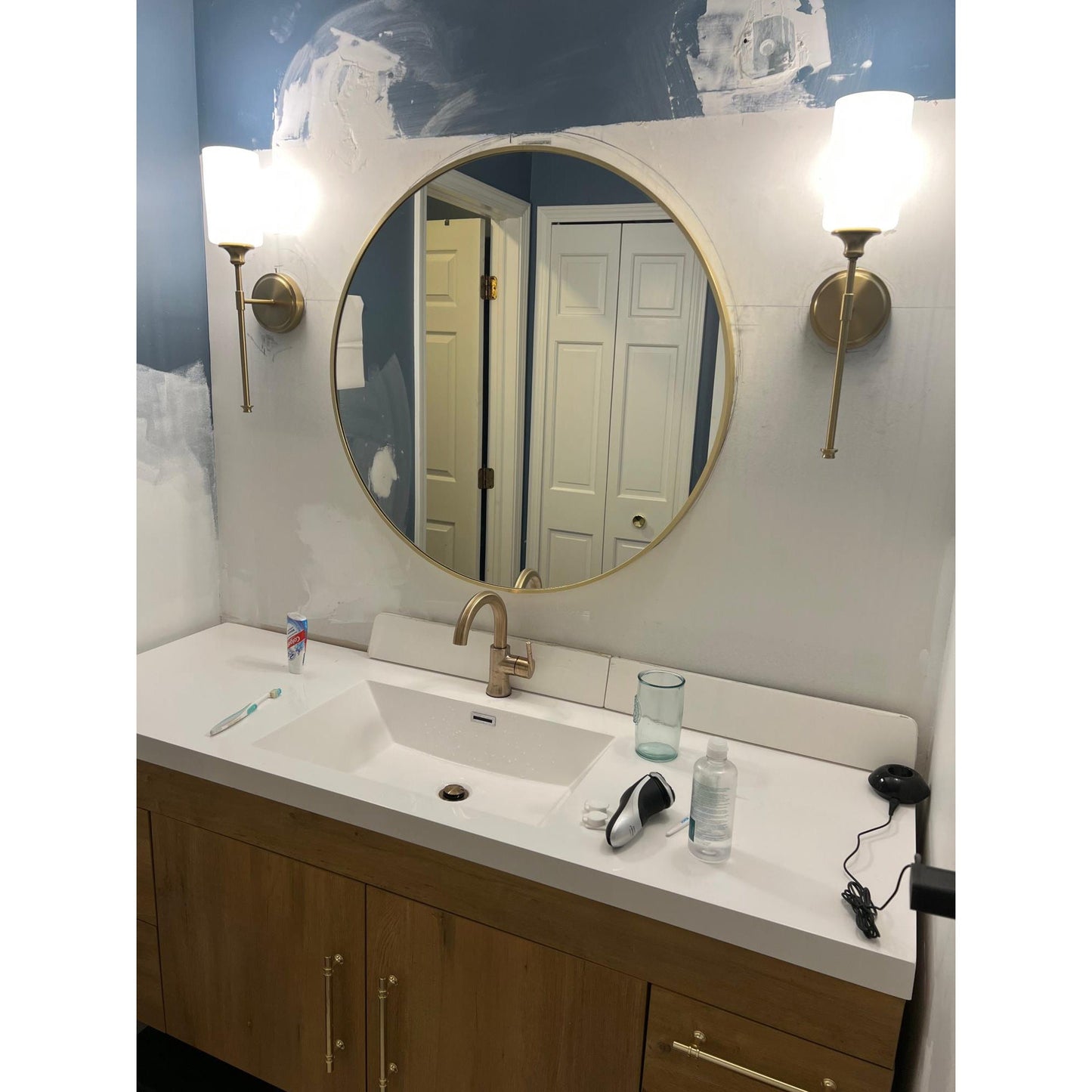Tracie Wall Lamp - Transitional Glass Cylinder Wall Sconce | Damp-Rated Brass Vanity Light