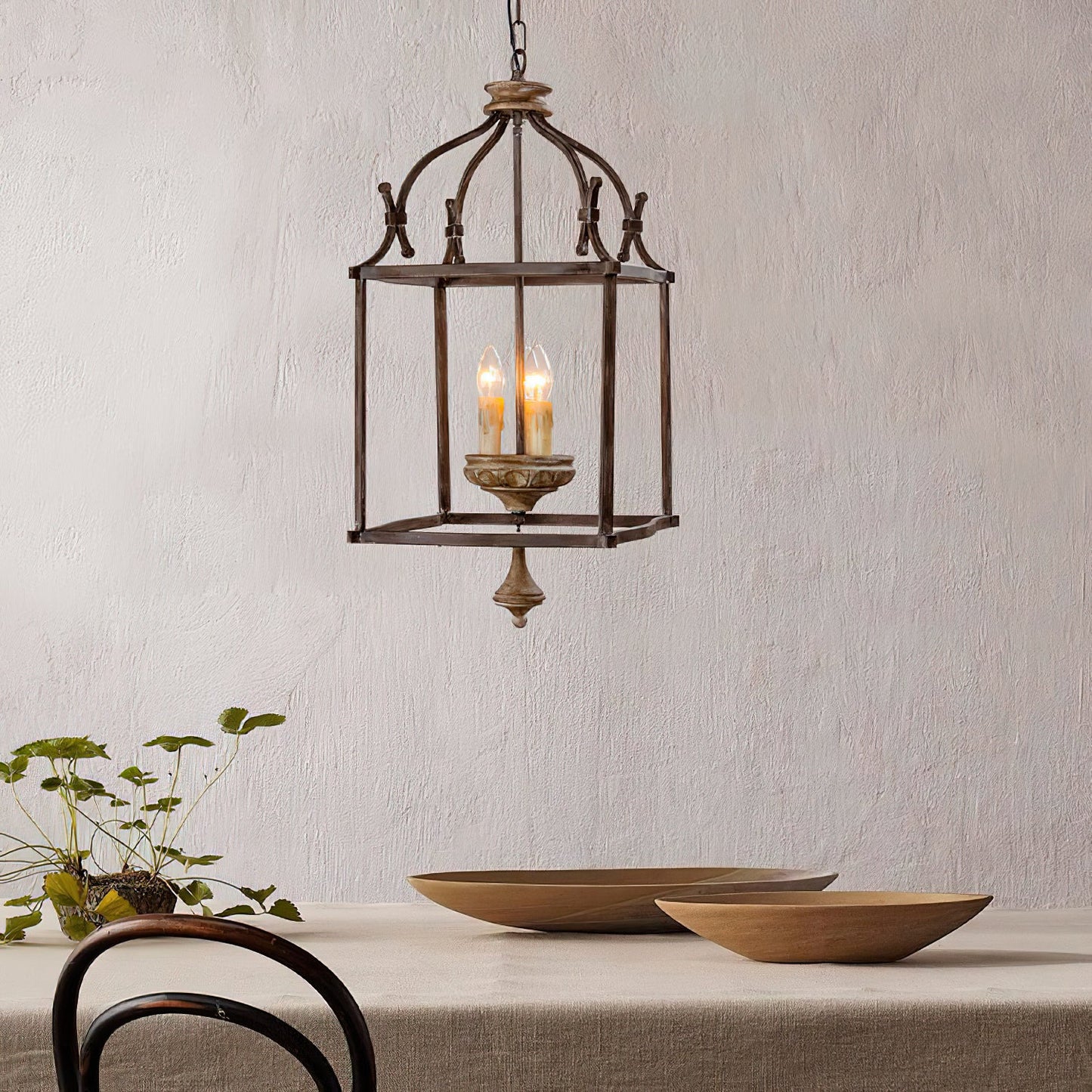 Traditional Birdcage Chandelier - Hand-Carved Wood & Iron Pendant Light | Vintage Rustic Candelabra Hanging Lamp