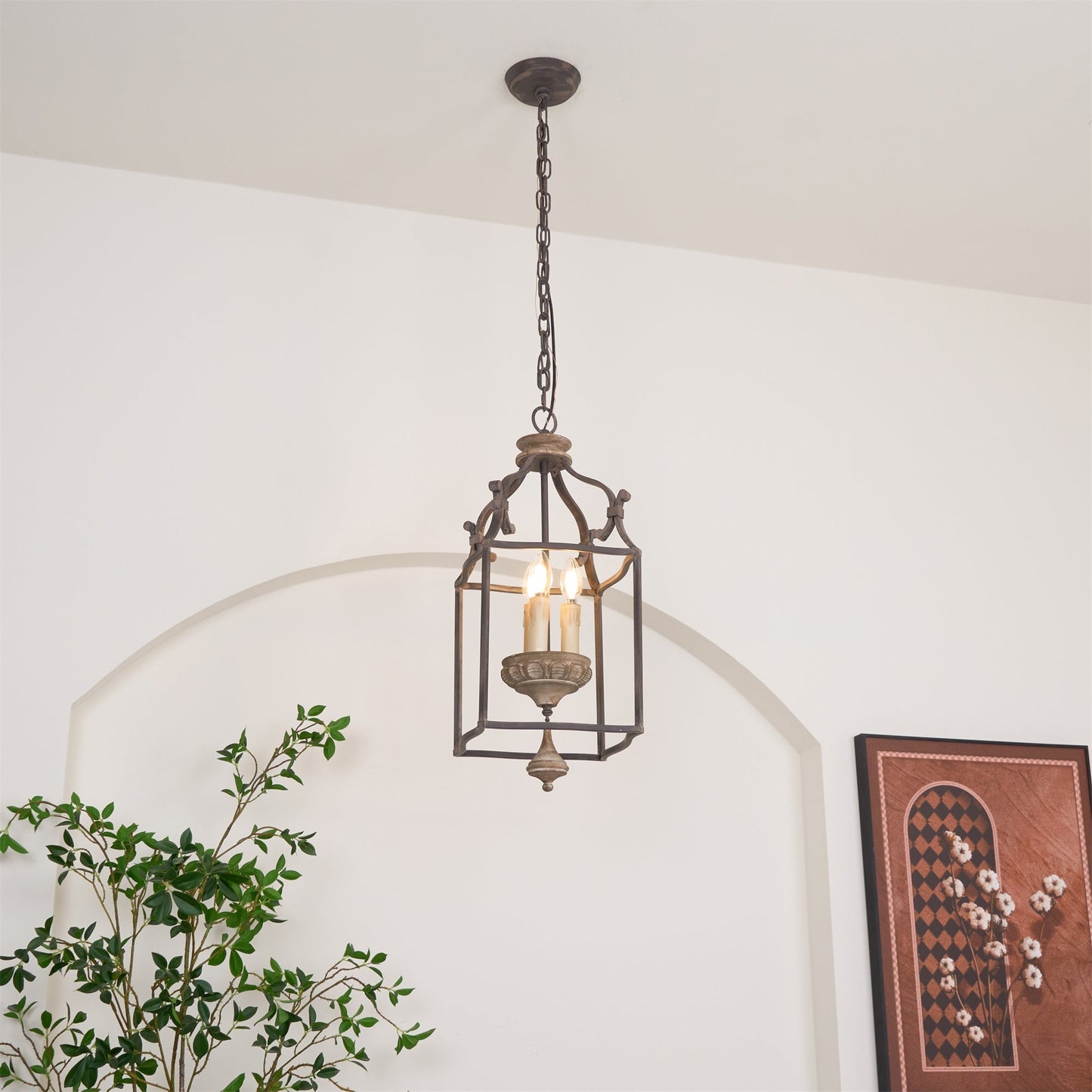 Traditional Birdcage Chandelier - Hand-Carved Wood & Iron Pendant Light | Vintage Rustic Candelabra Hanging Lamp