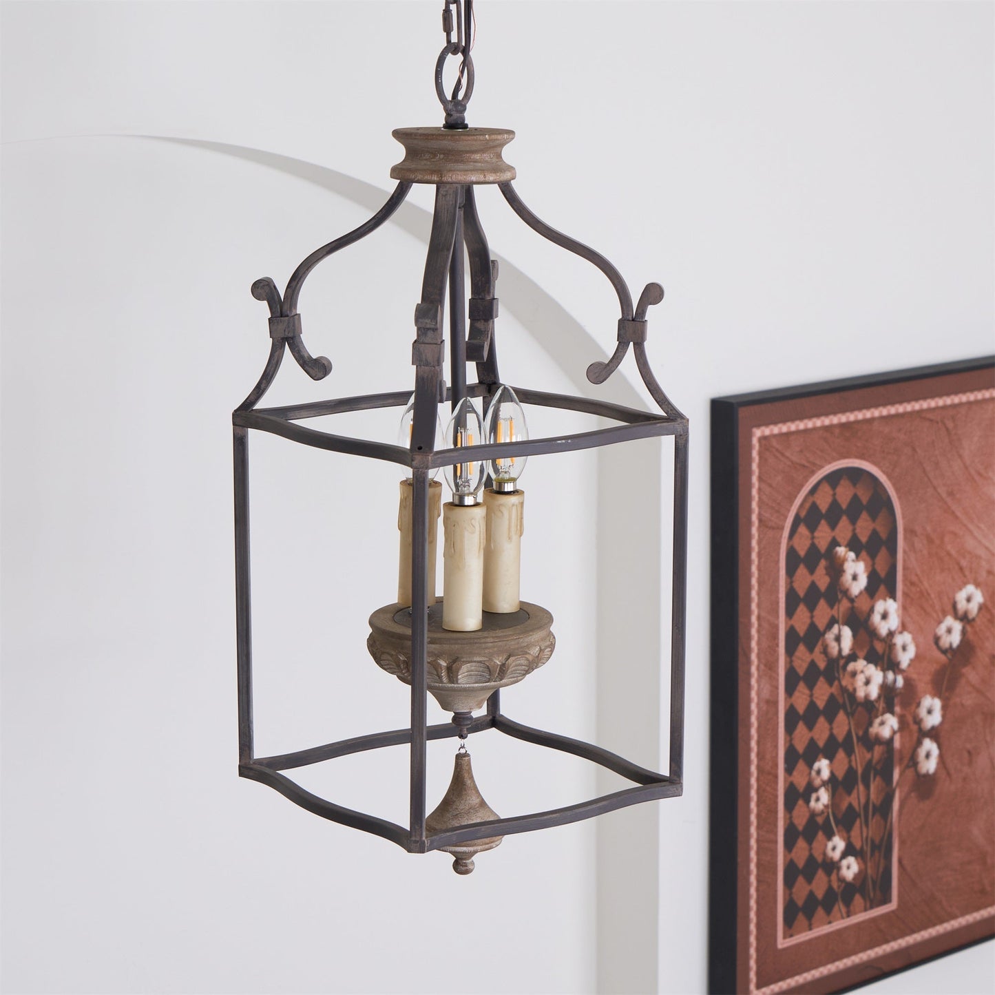 Traditional Birdcage Chandelier - Hand-Carved Wood & Iron Pendant Light | Vintage Rustic Candelabra Hanging Lamp