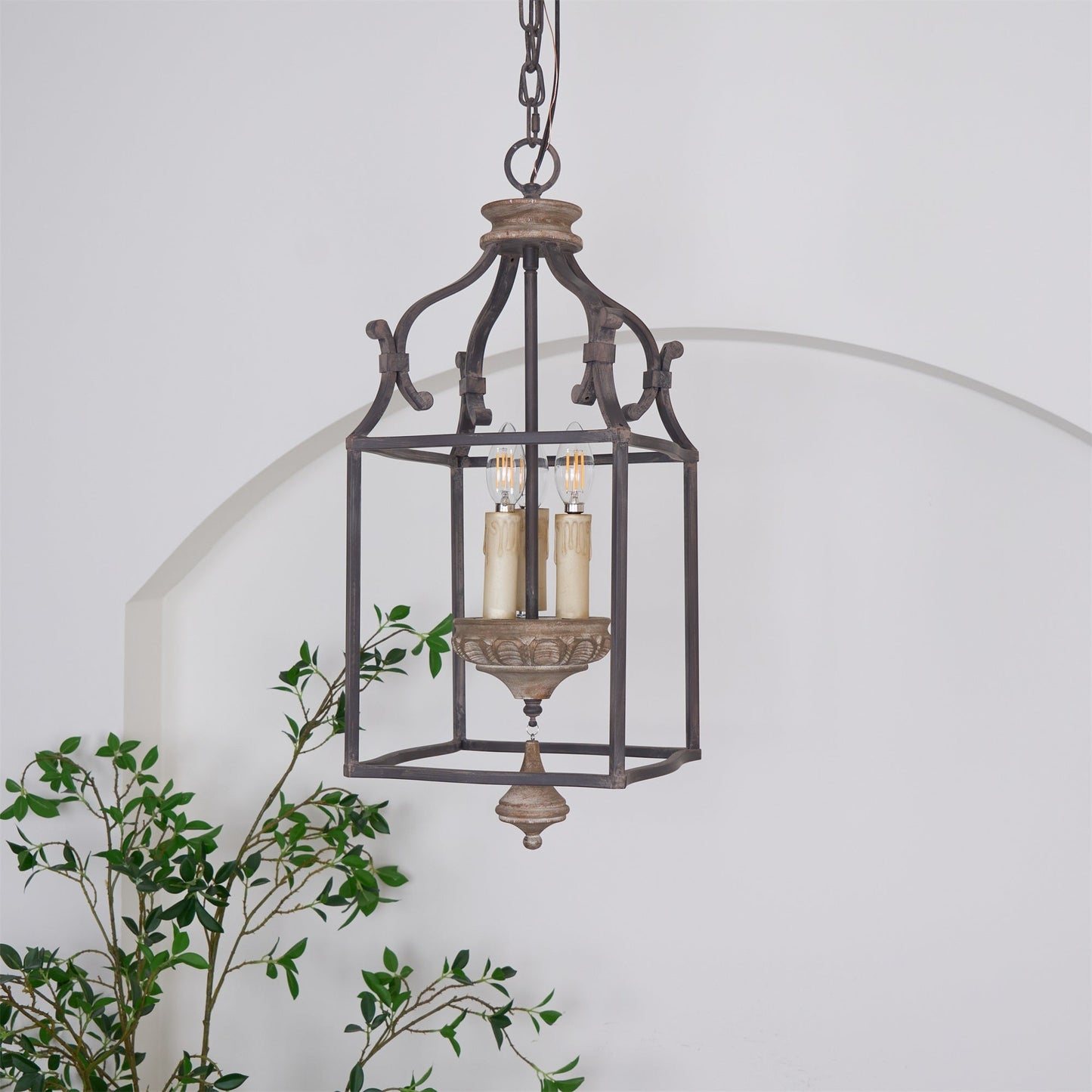 Traditional Birdcage Chandelier - Hand-Carved Wood & Iron Pendant Light | Vintage Rustic Candelabra Hanging Lamp