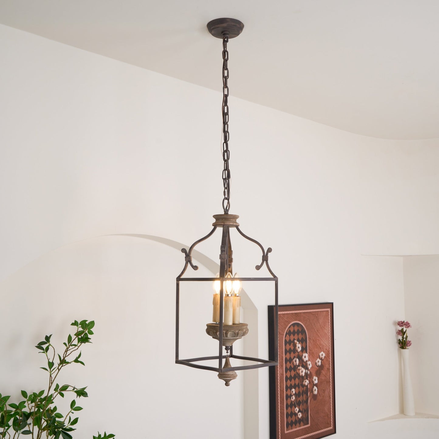 Traditional Birdcage Chandelier - Hand-Carved Wood & Iron Pendant Light | Vintage Rustic Candelabra Hanging Lamp