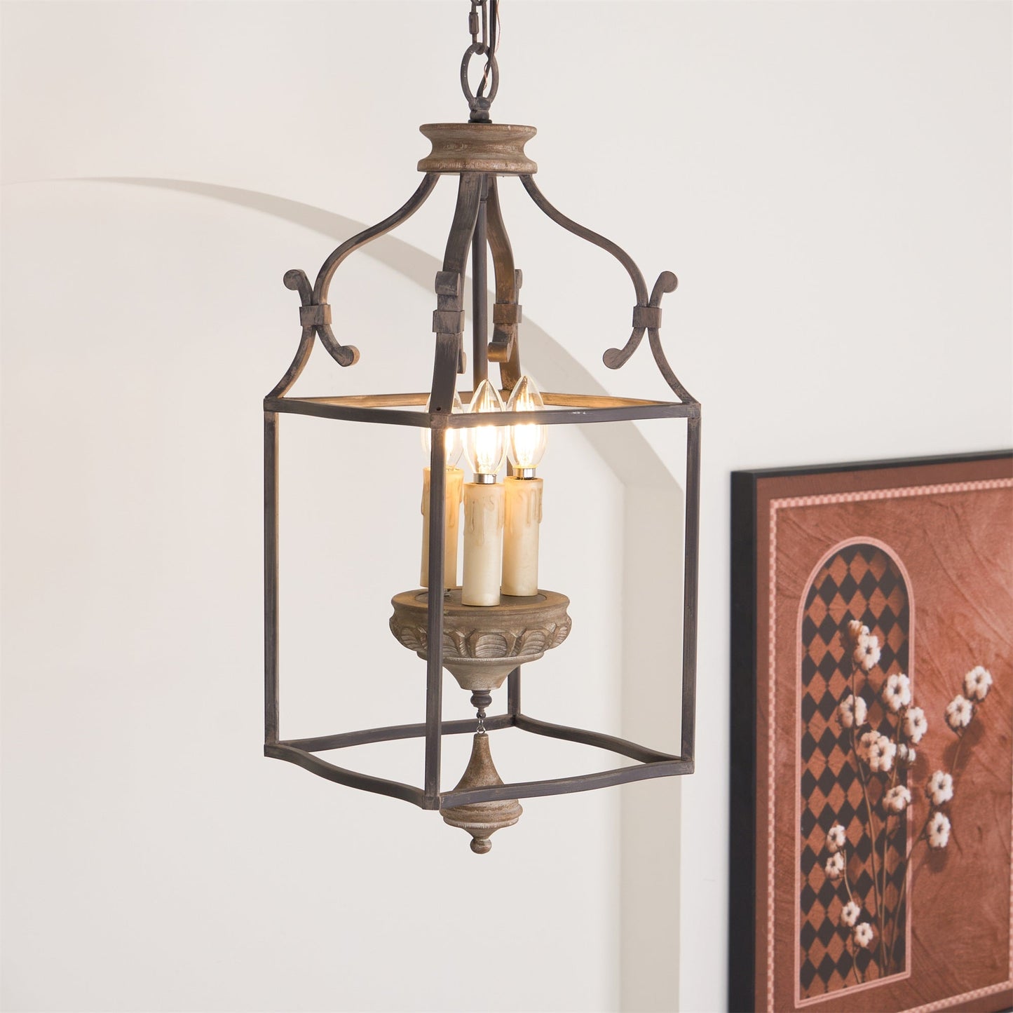 Traditional Birdcage Chandelier - Hand-Carved Wood & Iron Pendant Light | Vintage Rustic Candelabra Hanging Lamp