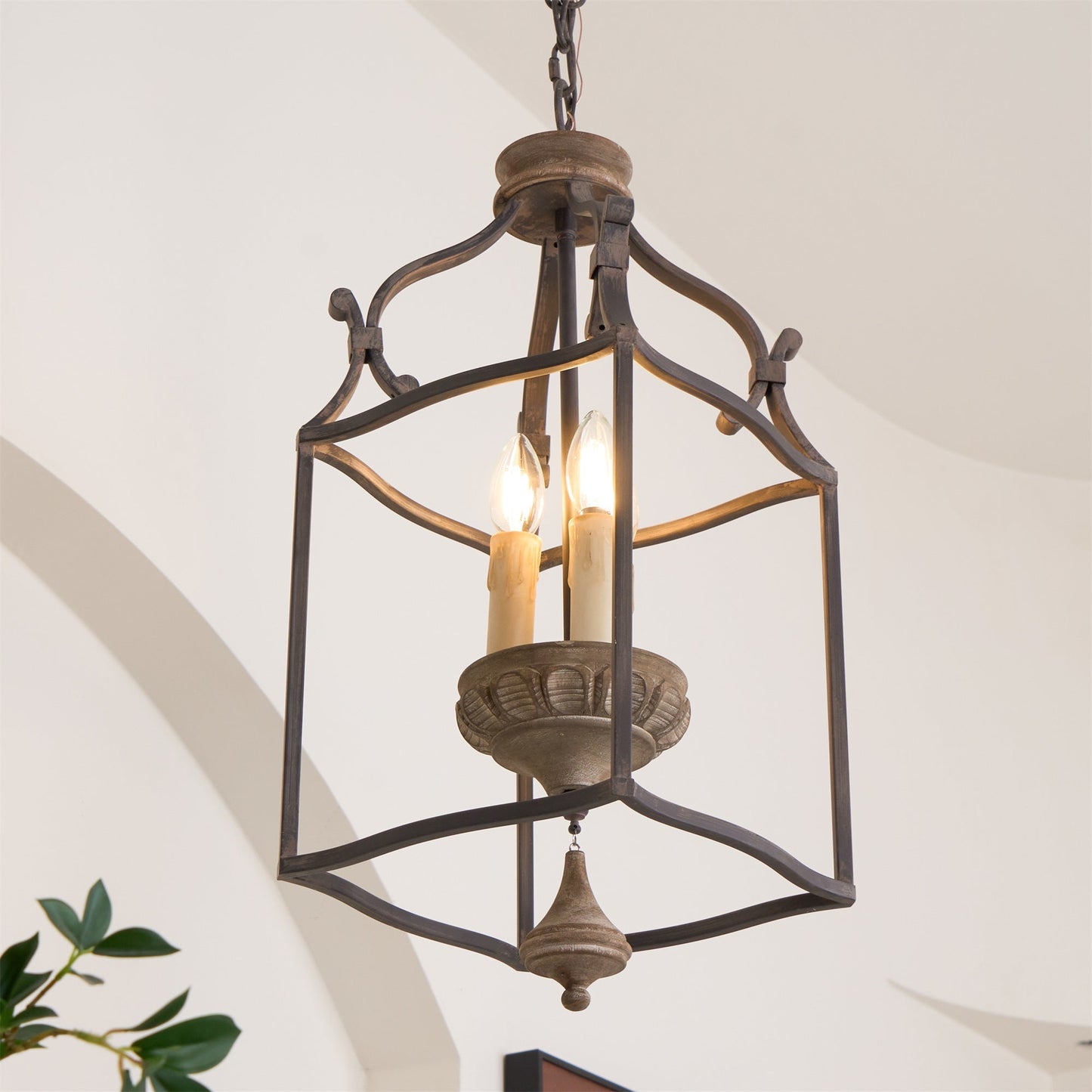 Traditional Birdcage Chandelier - Hand-Carved Wood & Iron Pendant Light | Vintage Rustic Candelabra Hanging Lamp