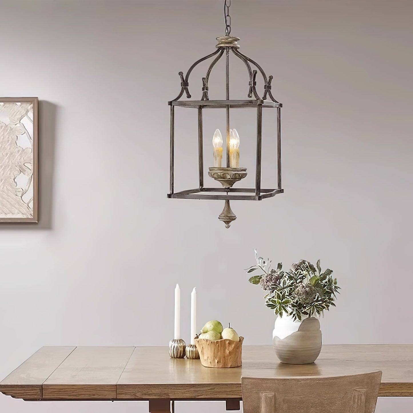 Traditional Birdcage Chandelier - Hand-Carved Wood & Iron Pendant Light | Vintage Rustic Candelabra Hanging Lamp