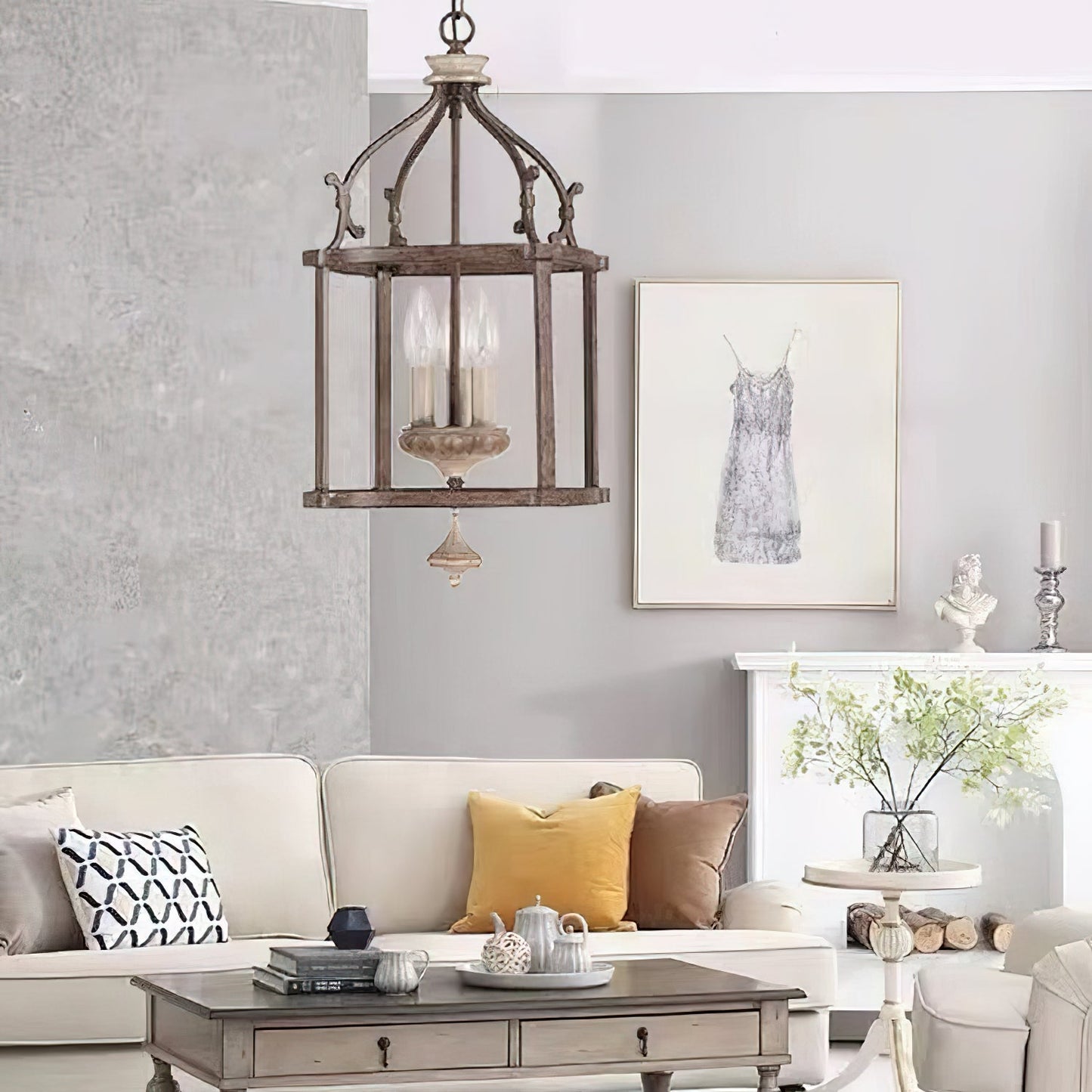 Traditional Birdcage Chandelier - Hand-Carved Wood & Iron Pendant Light | Vintage Rustic Candelabra Hanging Lamp
