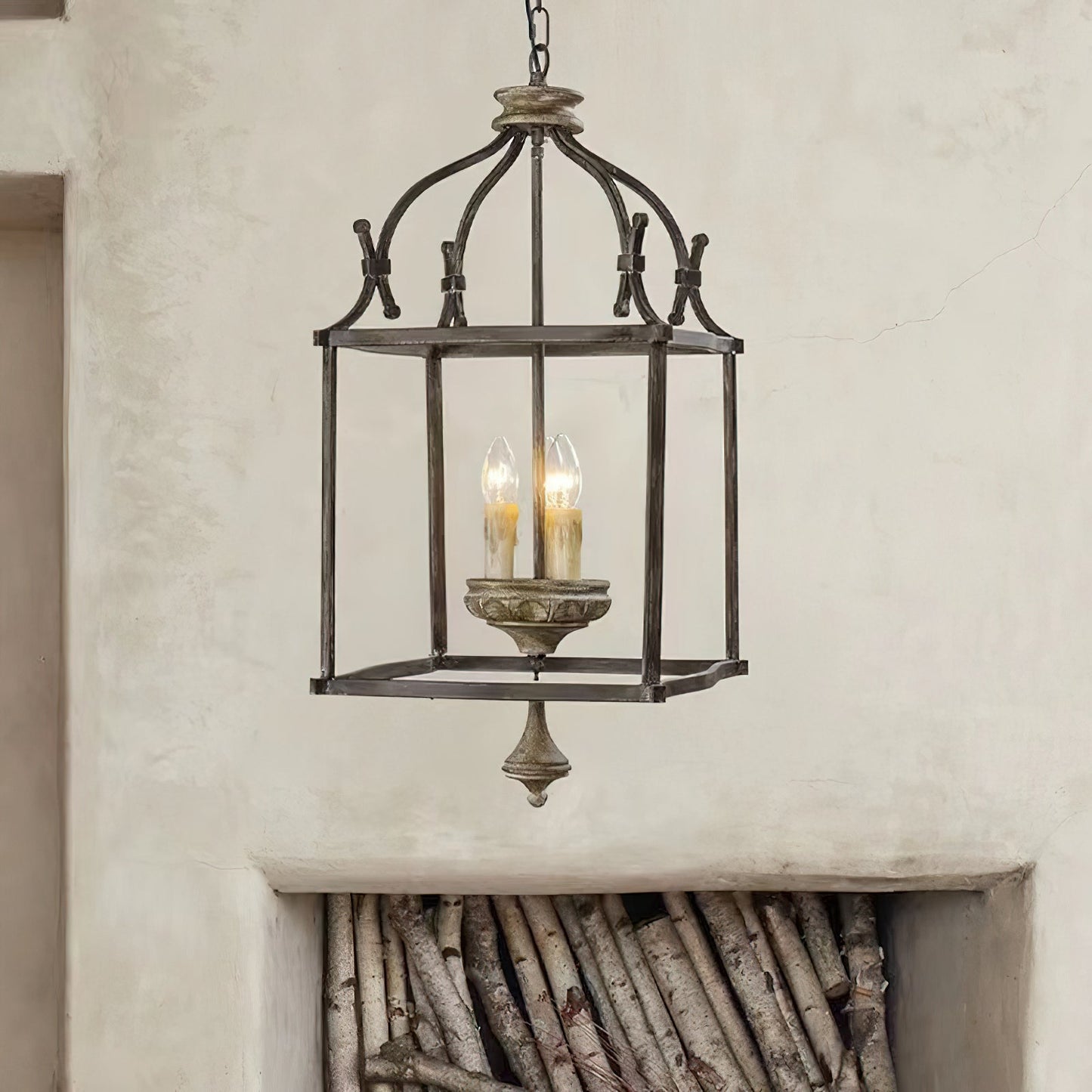 Traditional Birdcage Chandelier - Hand-Carved Wood & Iron Pendant Light | Vintage Rustic Candelabra Hanging Lamp