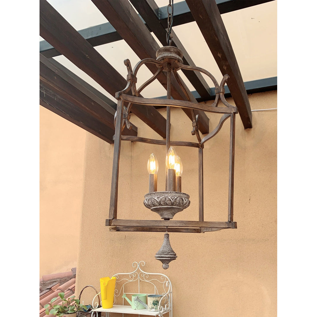 Traditional Birdcage Chandelier - Hand-Carved Wood & Iron Pendant Light | Vintage Rustic Candelabra Hanging Lamp