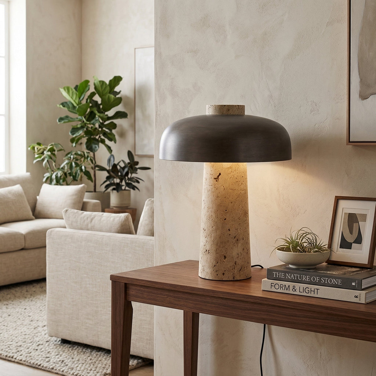 Carla Travertine Table Lamp – Raw Travertine Stone & Aluminum Accent Lamp