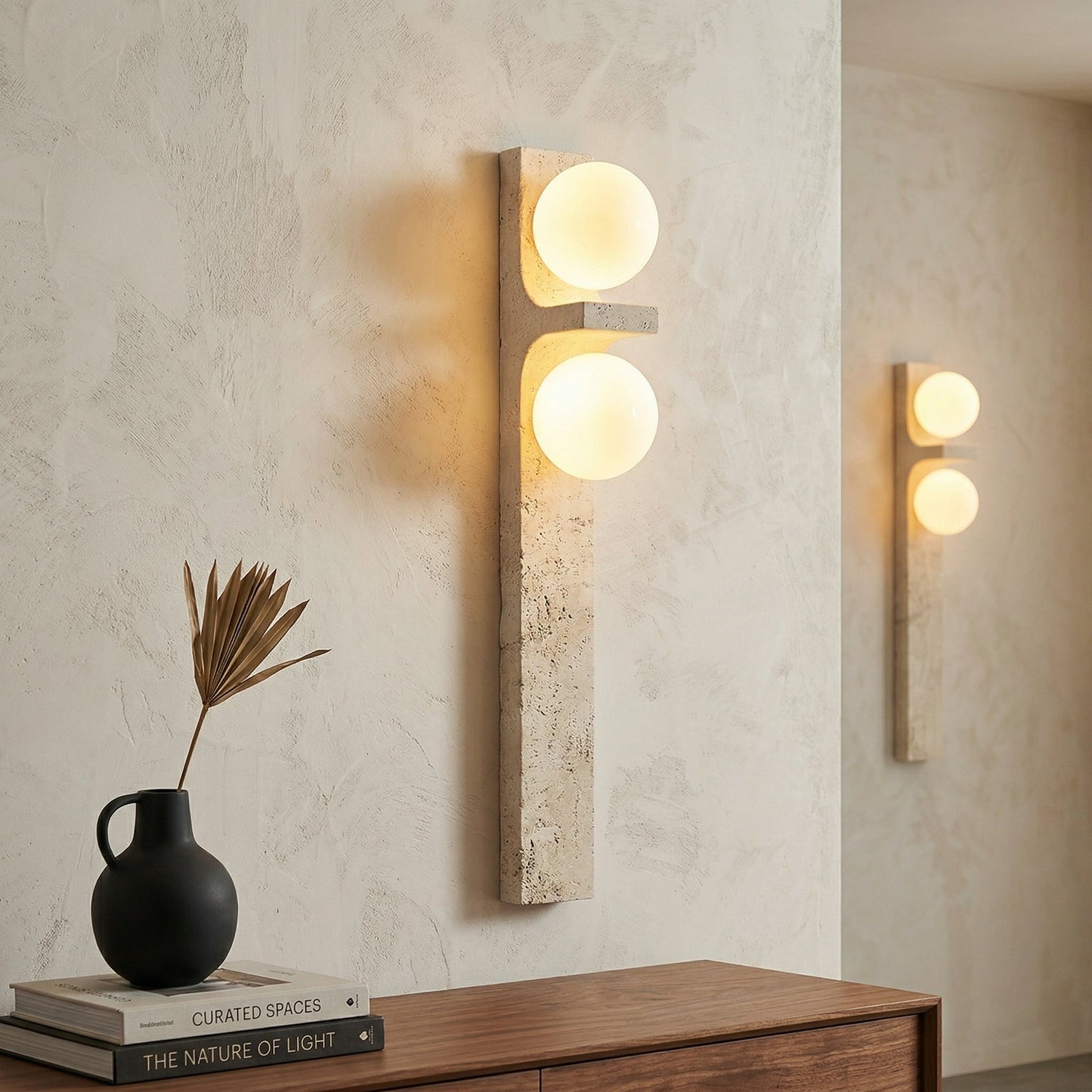 Asymmetrical Travertine Wall Sconce | Luxury 20-Inch Natural Stone & Glass Light