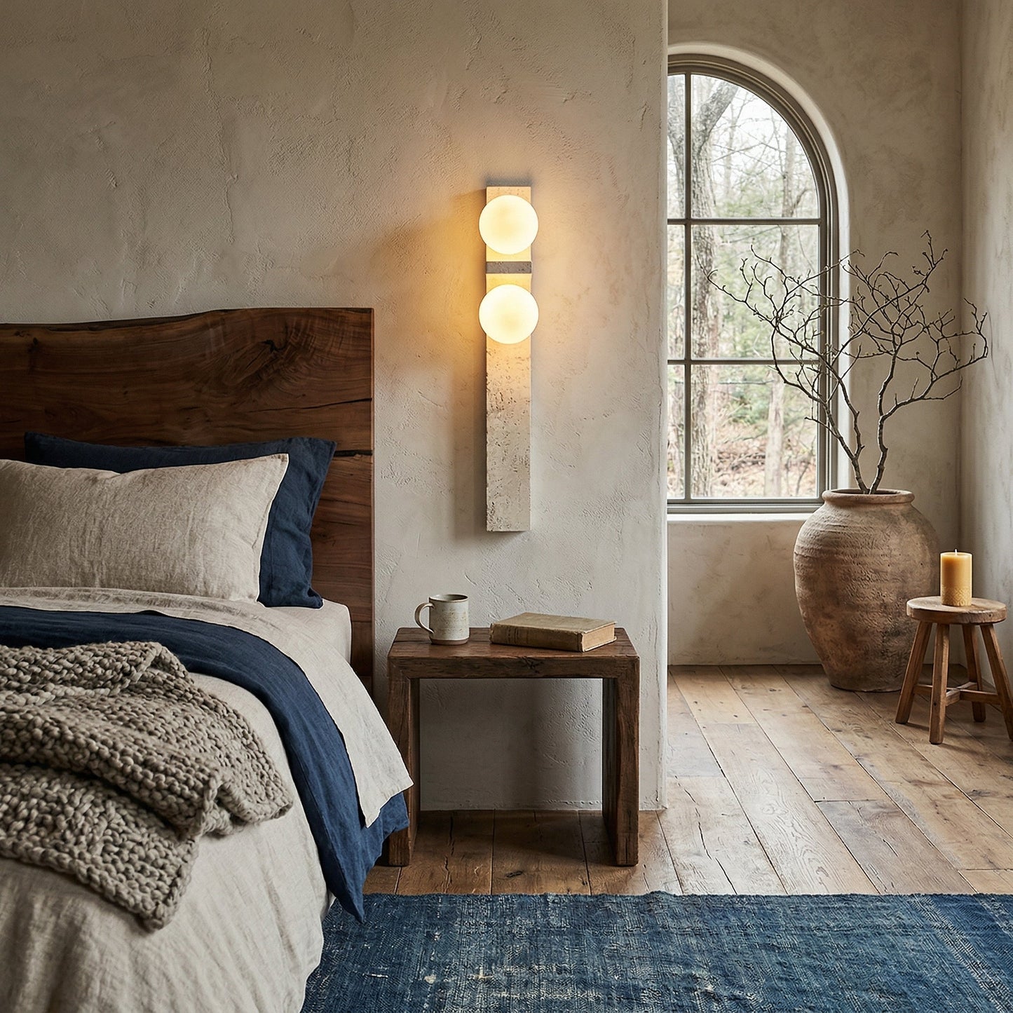 Asymmetrical Travertine Wall Sconce | Luxury 20-Inch Natural Stone & Glass Light