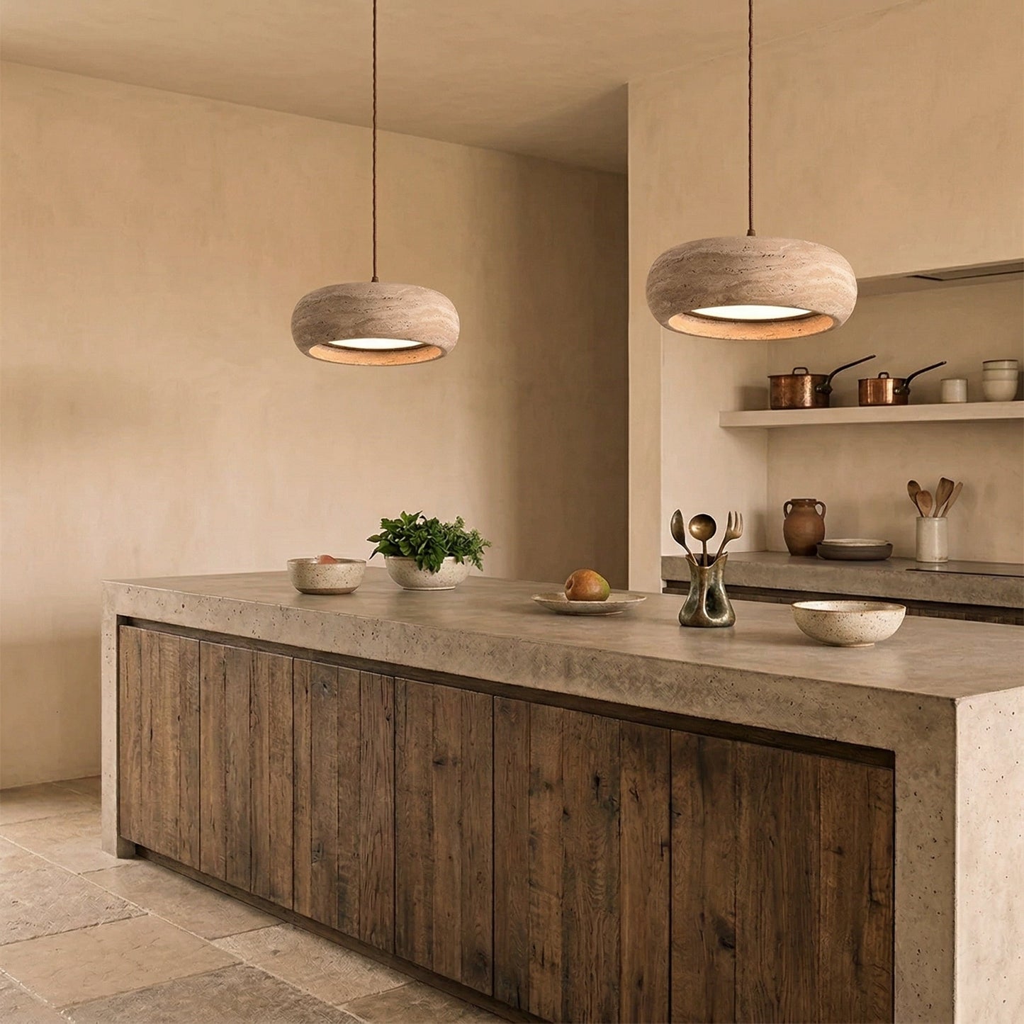 Travertine Drum Pendant Lamp - Natural Stone Disk Light | TRIAC Dimmable Integrated LED Island Pendant