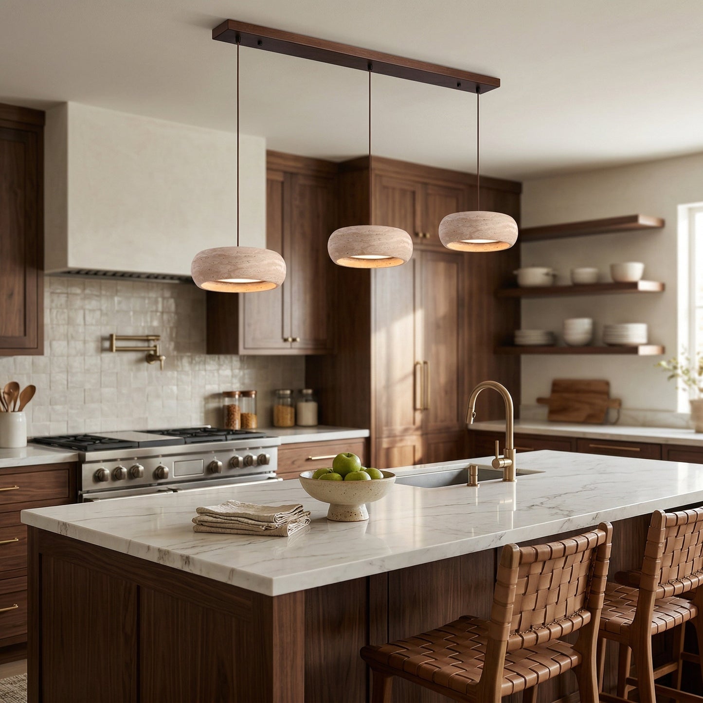 Travertine Drum Pendant Lamp - Natural Stone Disk Light | TRIAC Dimmable Integrated LED Island Pendant
