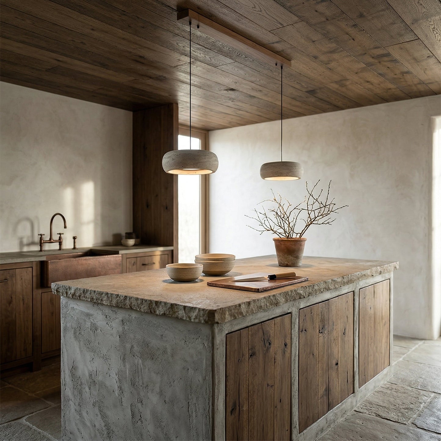 Travertine Drum Pendant Lamp - Natural Stone Disk Light | TRIAC Dimmable Integrated LED Island Pendant