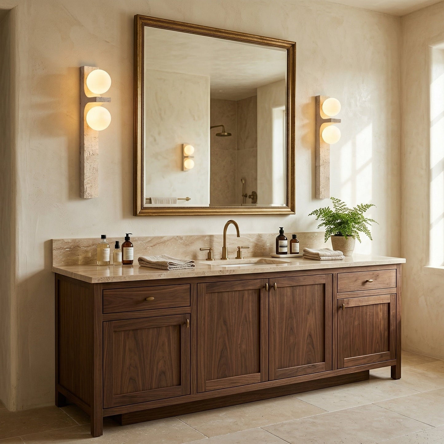 Asymmetrical Travertine Wall Sconce | Luxury 20-Inch Natural Stone & Glass Light