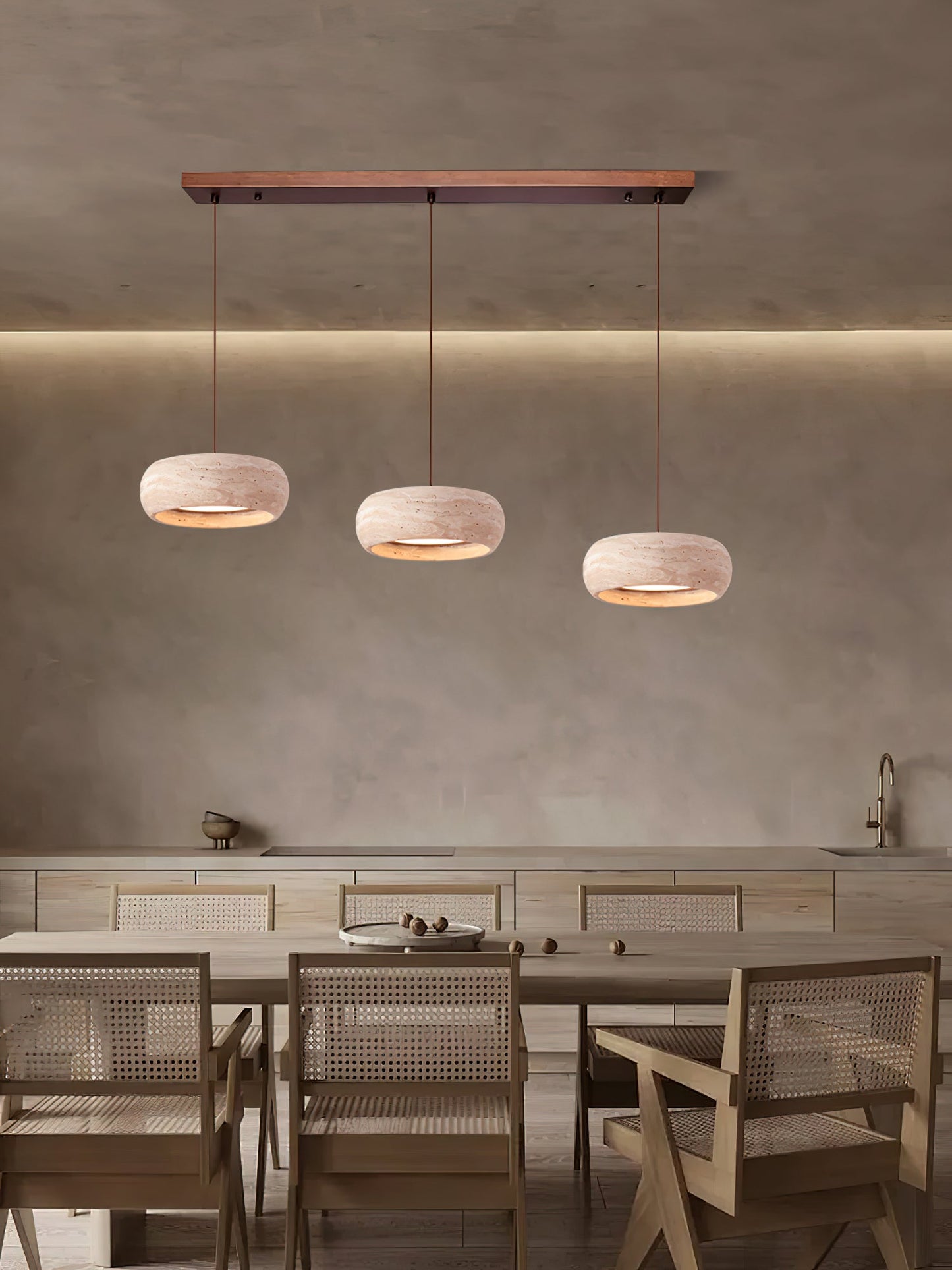 Travertine Drum Pendant Lamp - Natural Stone Disk Light | TRIAC Dimmable Integrated LED Island Pendant