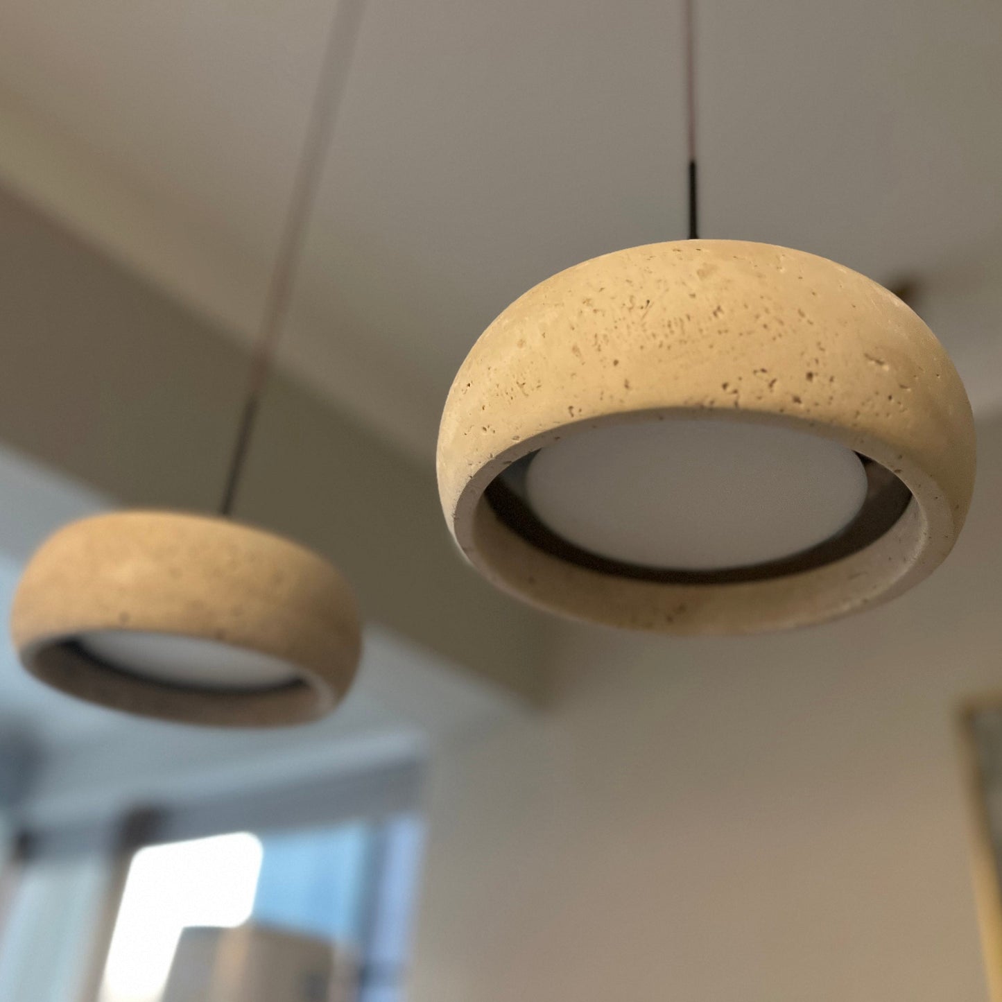 Travertine Drum Pendant Lamp - Natural Stone Disk Light | TRIAC Dimmable Integrated LED Island Pendant