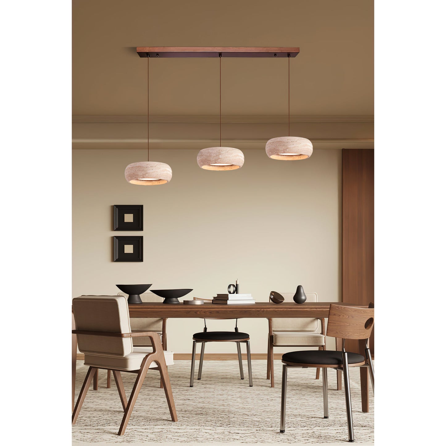 Travertine Drum Pendant Lamp - Natural Stone Disk Light | TRIAC Dimmable Integrated LED Island Pendant