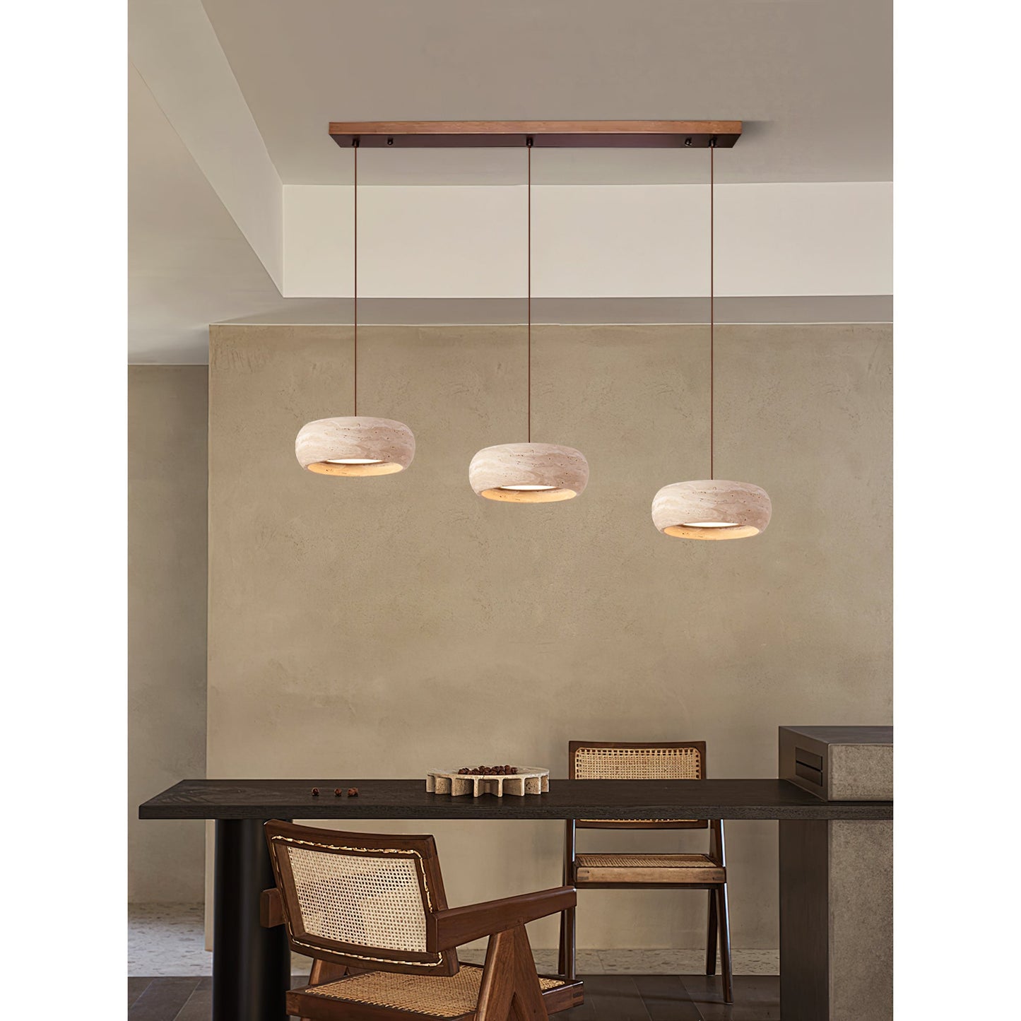 Travertine Drum Pendant Lamp - Natural Stone Disk Light | TRIAC Dimmable Integrated LED Island Pendant