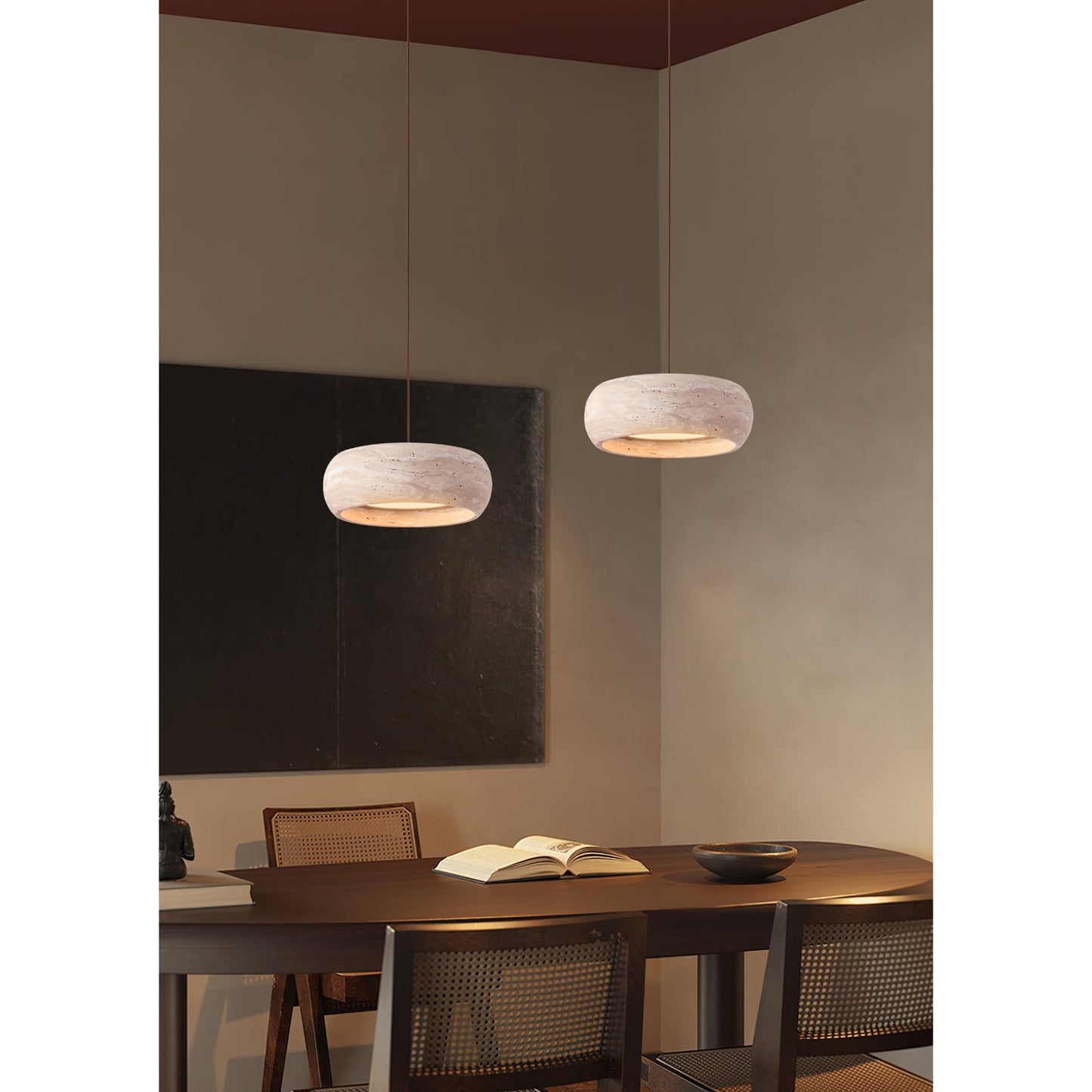 Travertine Drum Pendant Lamp - Natural Stone Disk Light | TRIAC Dimmable Integrated LED Island Pendant