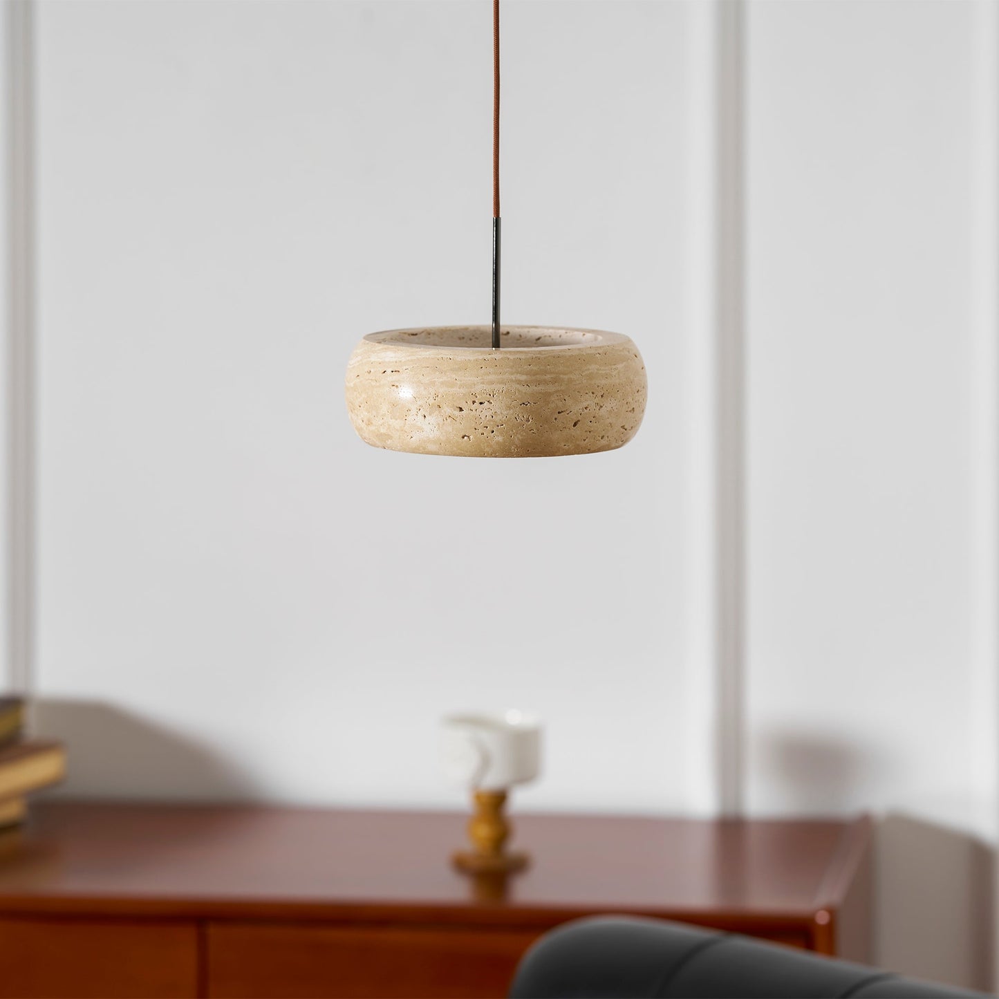 Travertine Drum Pendant Lamp - Natural Stone Disk Light | TRIAC Dimmable Integrated LED Island Pendant