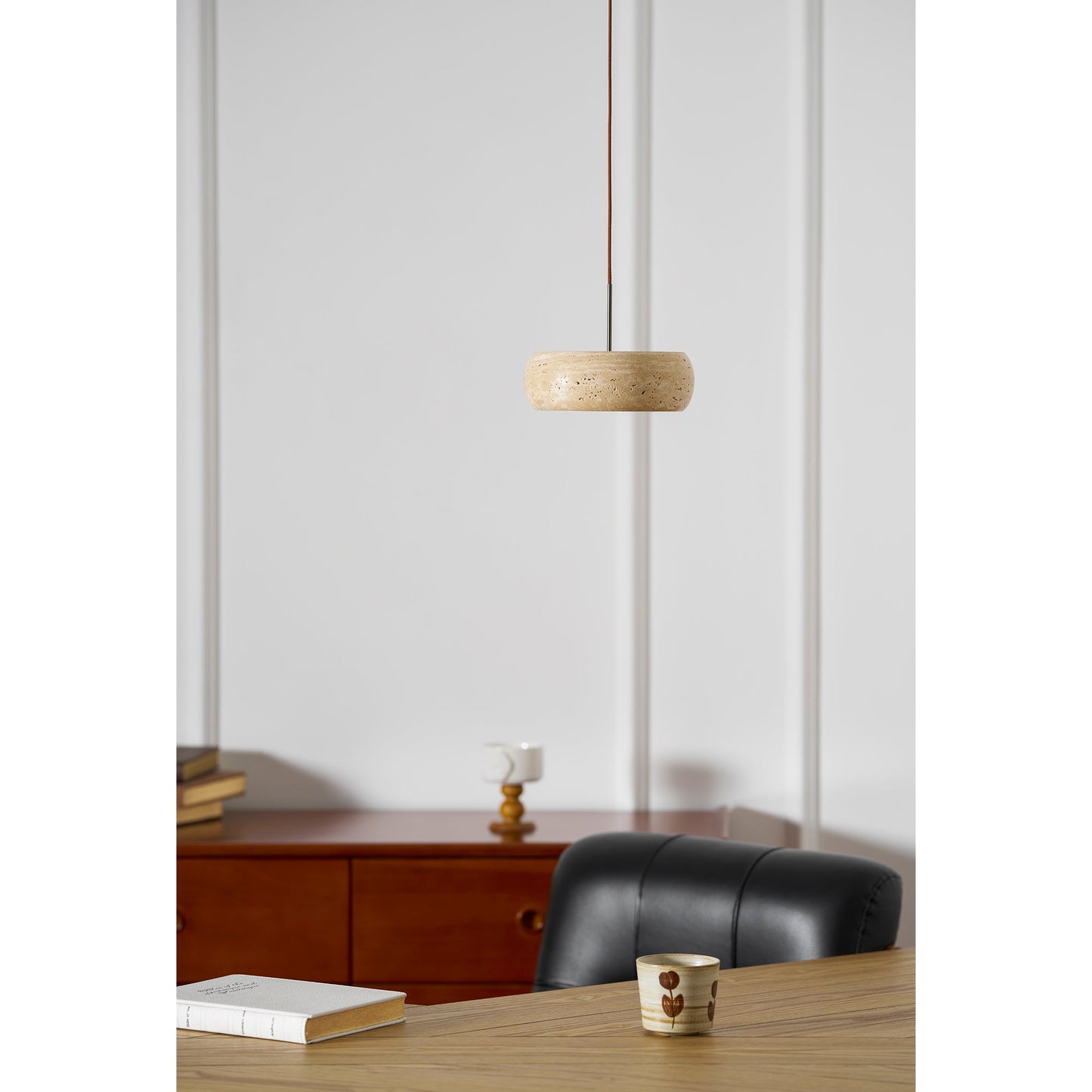Travertine Drum Pendant Lamp - Natural Stone Disk Light | TRIAC Dimmable Integrated LED Island Pendant