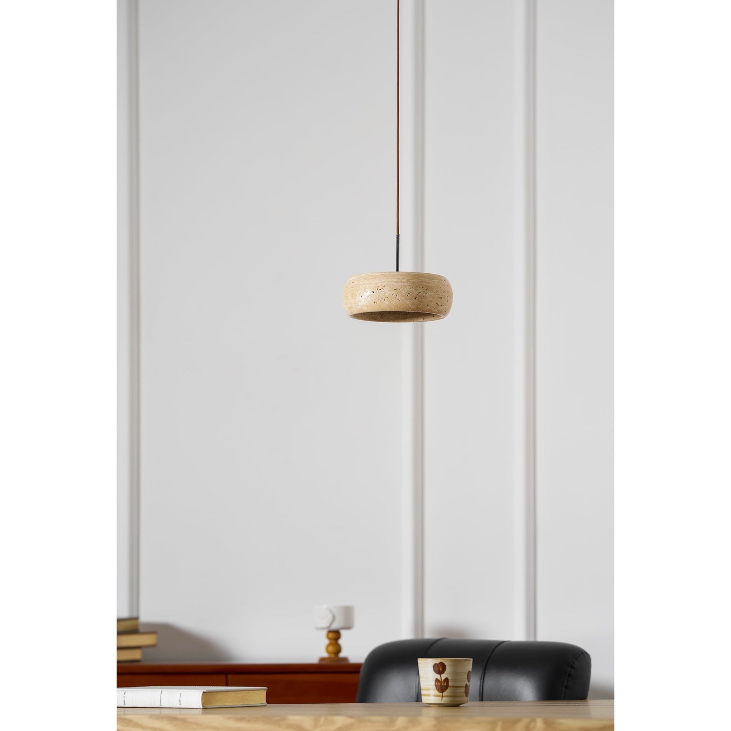 Travertine Drum Pendant Lamp - Natural Stone Disk Light | TRIAC Dimmable Integrated LED Island Pendant