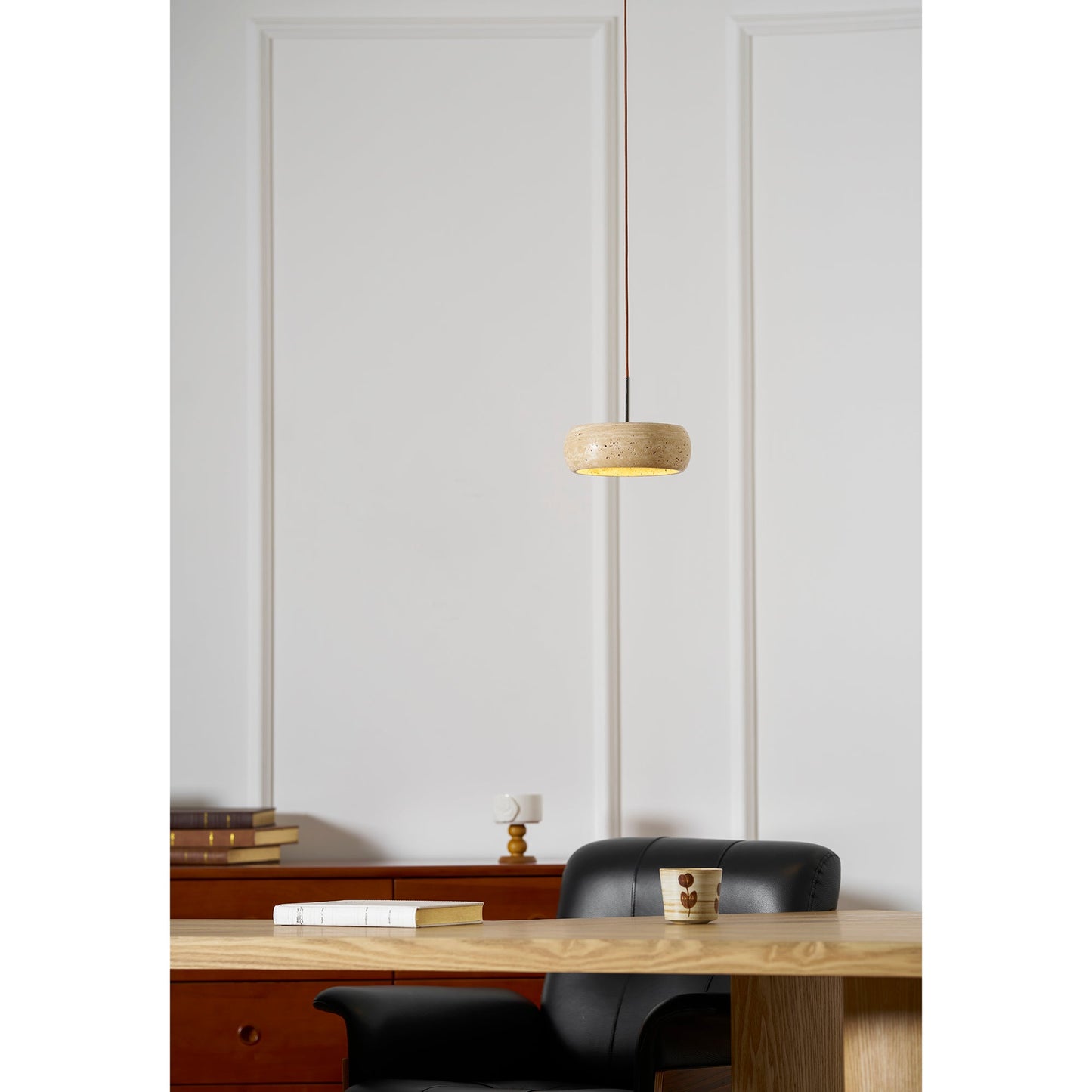Travertine Drum Pendant Lamp - Natural Stone Disk Light | TRIAC Dimmable Integrated LED Island Pendant