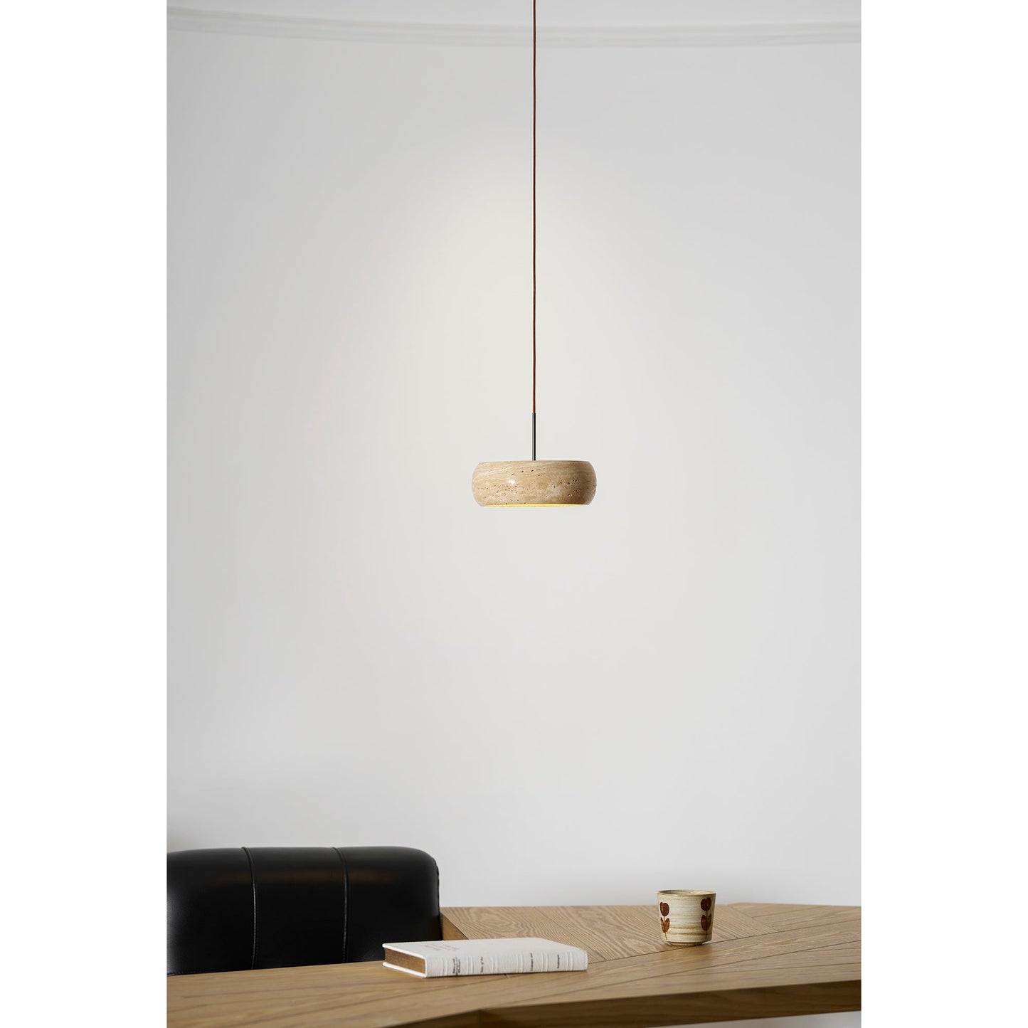 Travertine Drum Pendant Lamp - Natural Stone Disk Light | TRIAC Dimmable Integrated LED Island Pendant