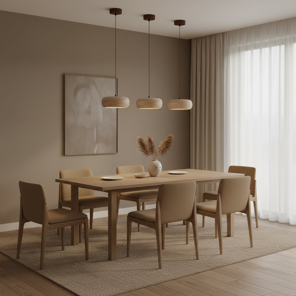 Travertine Drum Pendant Lamp - Natural Stone Disk Light | TRIAC Dimmable Integrated LED Island Pendant