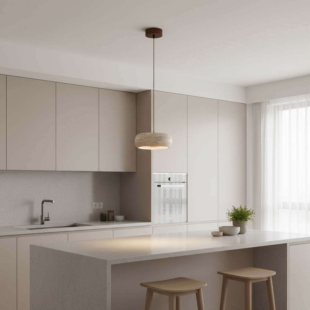 Travertine Drum Pendant Lamp - Natural Stone Disk Light | TRIAC Dimmable Integrated LED Island Pendant