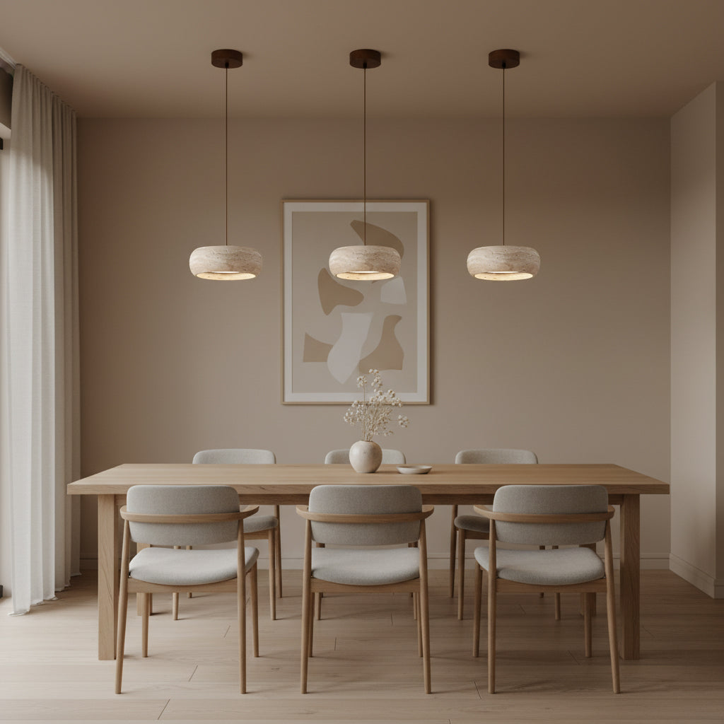 Travertine Drum Pendant Lamp - Natural Stone Disk Light | TRIAC Dimmable Integrated LED Island Pendant