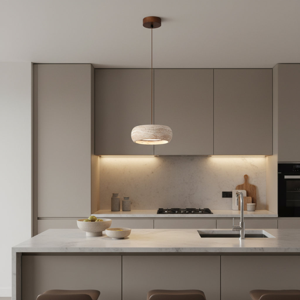 Travertine Drum Pendant Lamp - Natural Stone Disk Light | TRIAC Dimmable Integrated LED Island Pendant