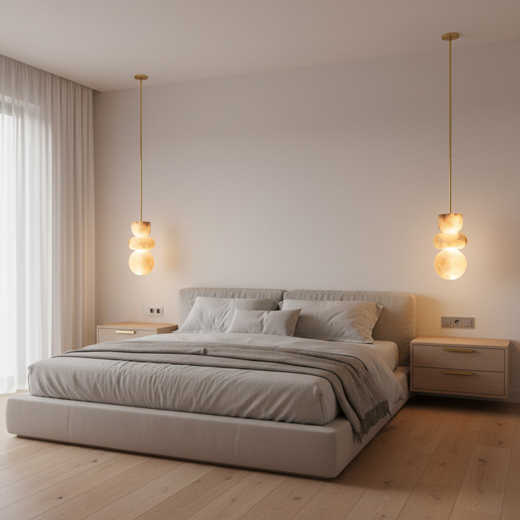 Alabaster Totem Pendant Lamp – Natural Stone Cylinder & Brass Modern LED Pendant