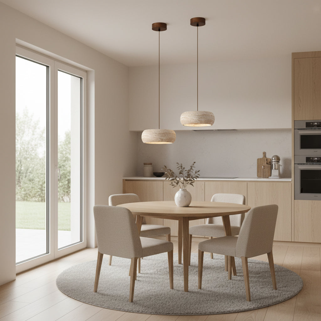 Travertine Drum Pendant Lamp - Natural Stone Disk Light | TRIAC Dimmable Integrated LED Island Pendant