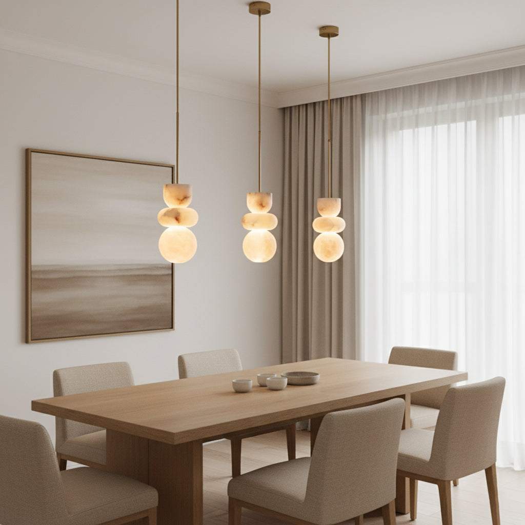 Alabaster Totem Pendant Lamp – Natural Stone Cylinder & Brass Modern LED Pendant