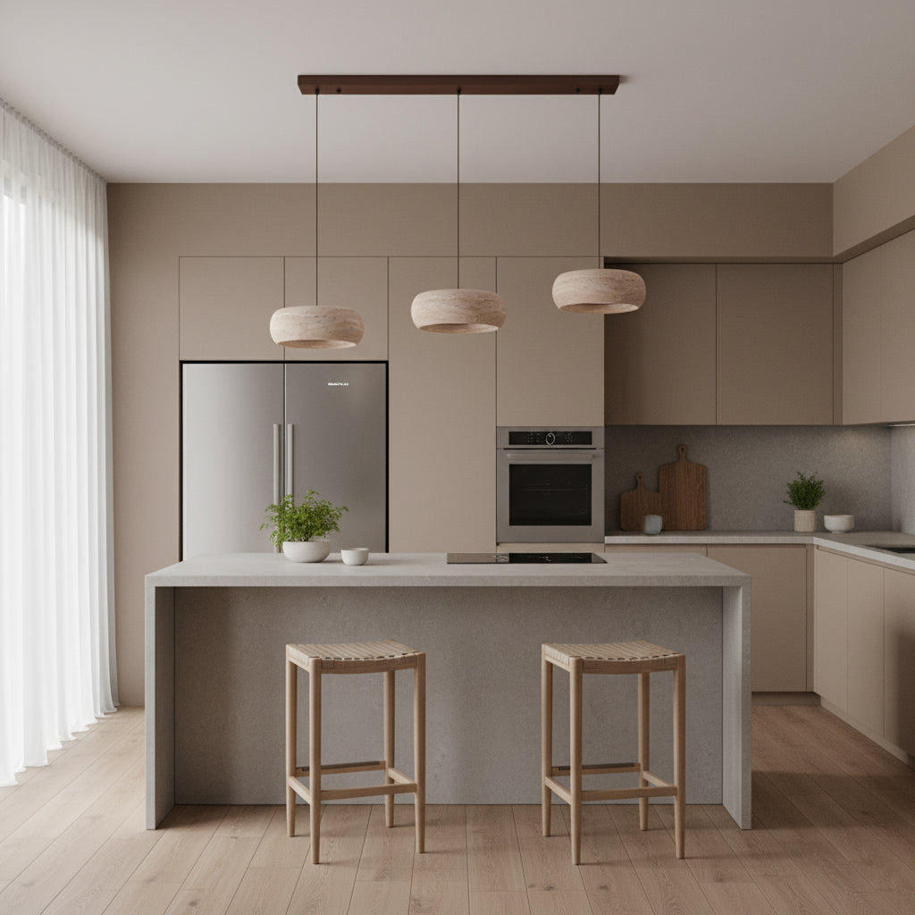 Travertine Drum Pendant Lamp - Natural Stone Disk Light | TRIAC Dimmable Integrated LED Island Pendant