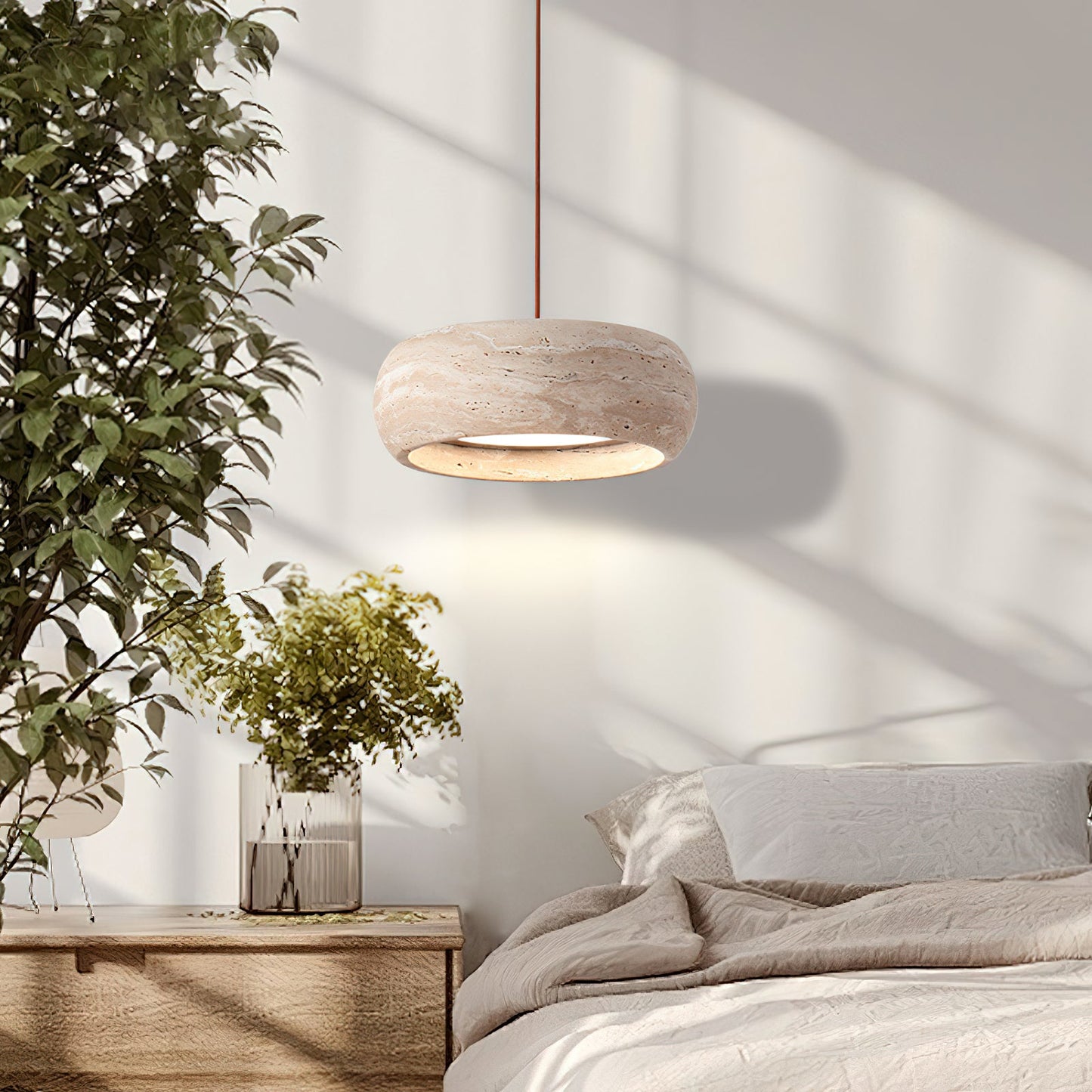 Travertine Drum Pendant Lamp - Natural Stone Disk Light | TRIAC Dimmable Integrated LED Island Pendant