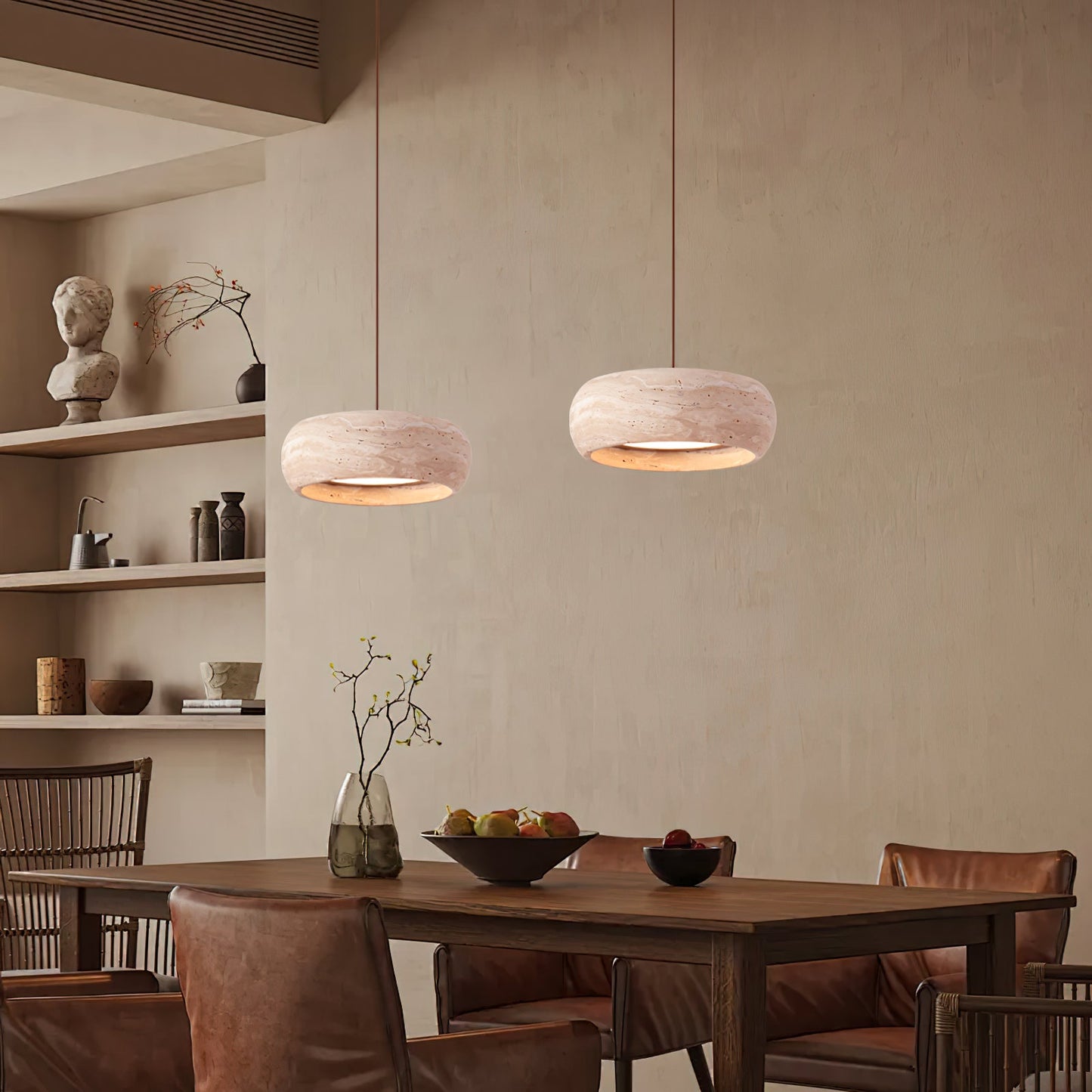 Travertine Drum Pendant Lamp - Natural Stone Disk Light | TRIAC Dimmable Integrated LED Island Pendant